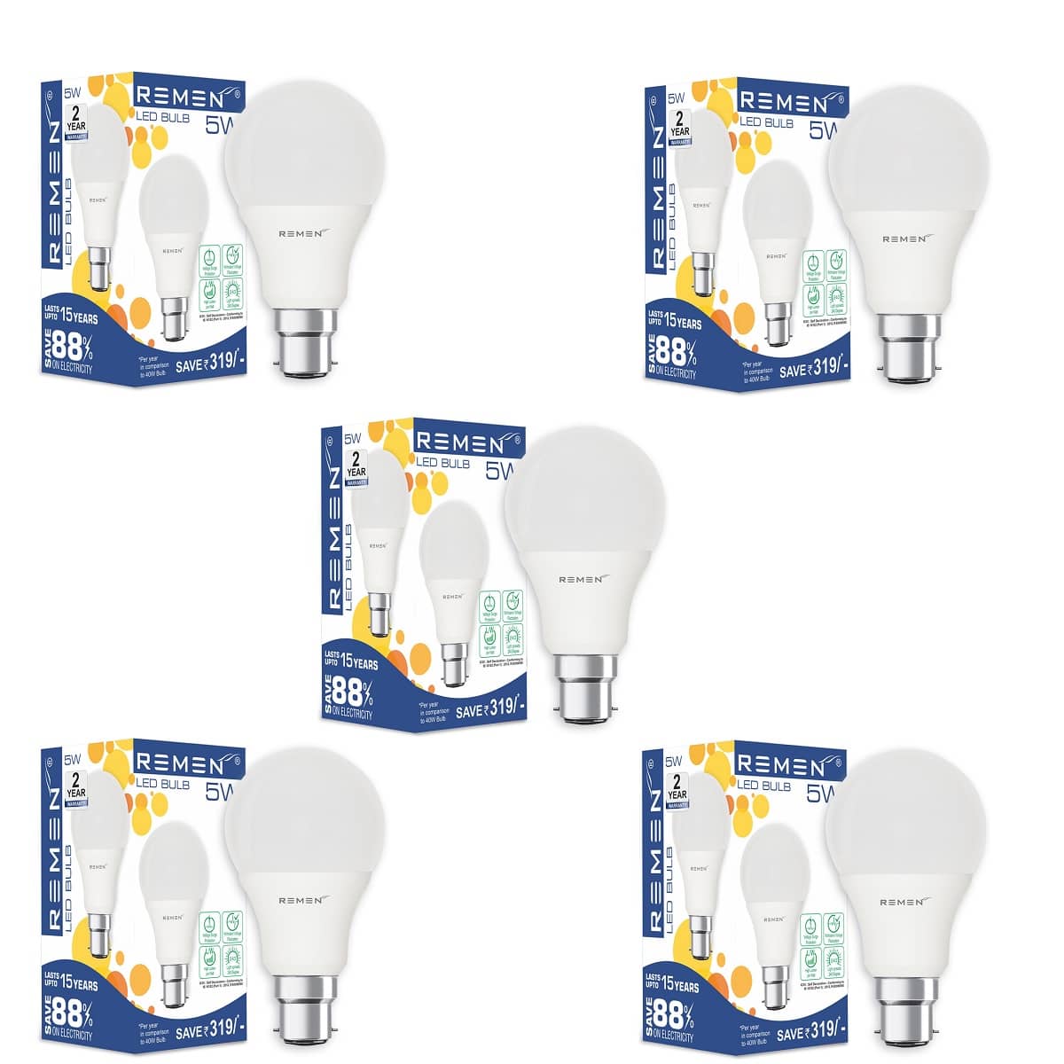Remen Led Lites - 5W Cool Day Light LED Bulb ( Pack of 5 )