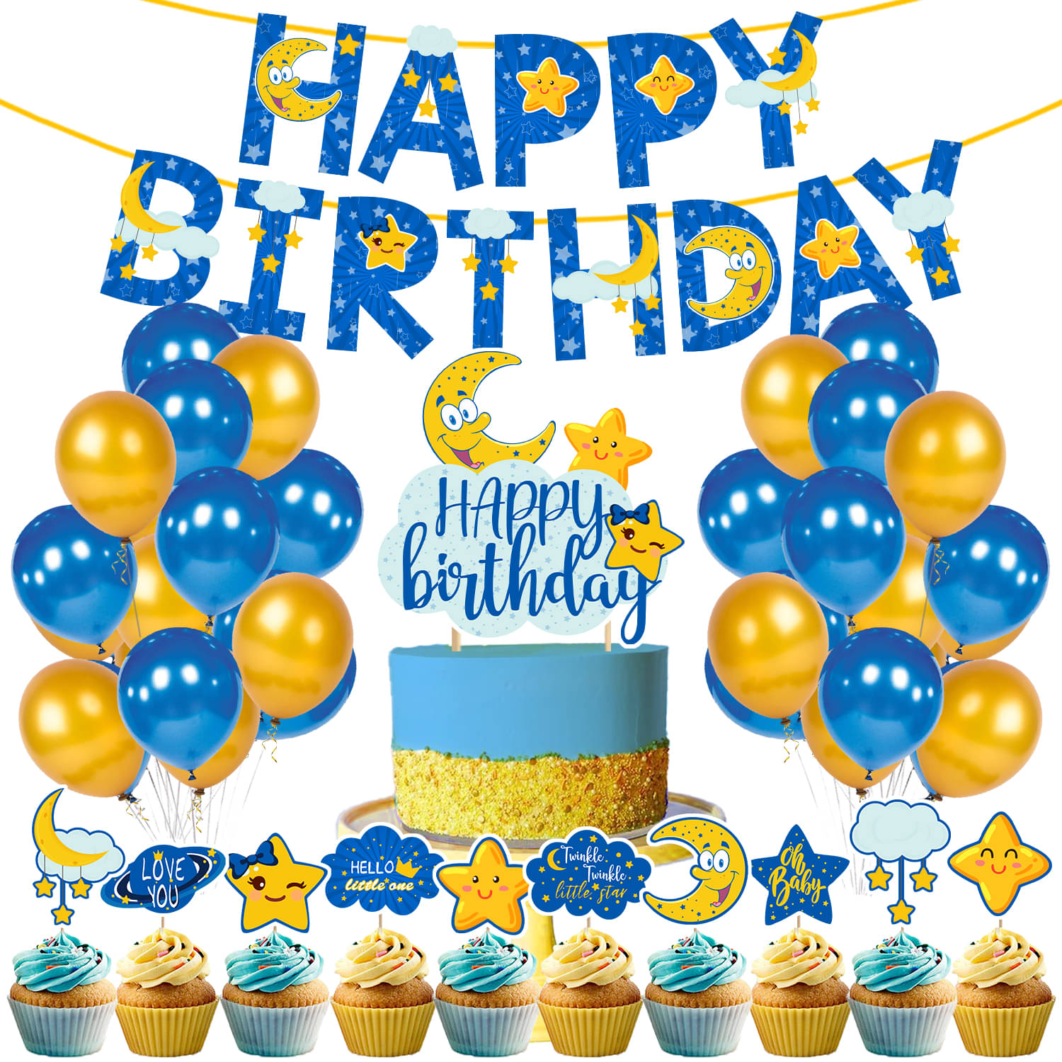     			Zyozi 37 pcs Twinkle Twinkle Little Star Theme Party Decorations, Birthday Party Supplies Includes Happy Birthday Banner, CakeTopper, Cupcake Toppers, Balloons for Kids Birthday (Blue)