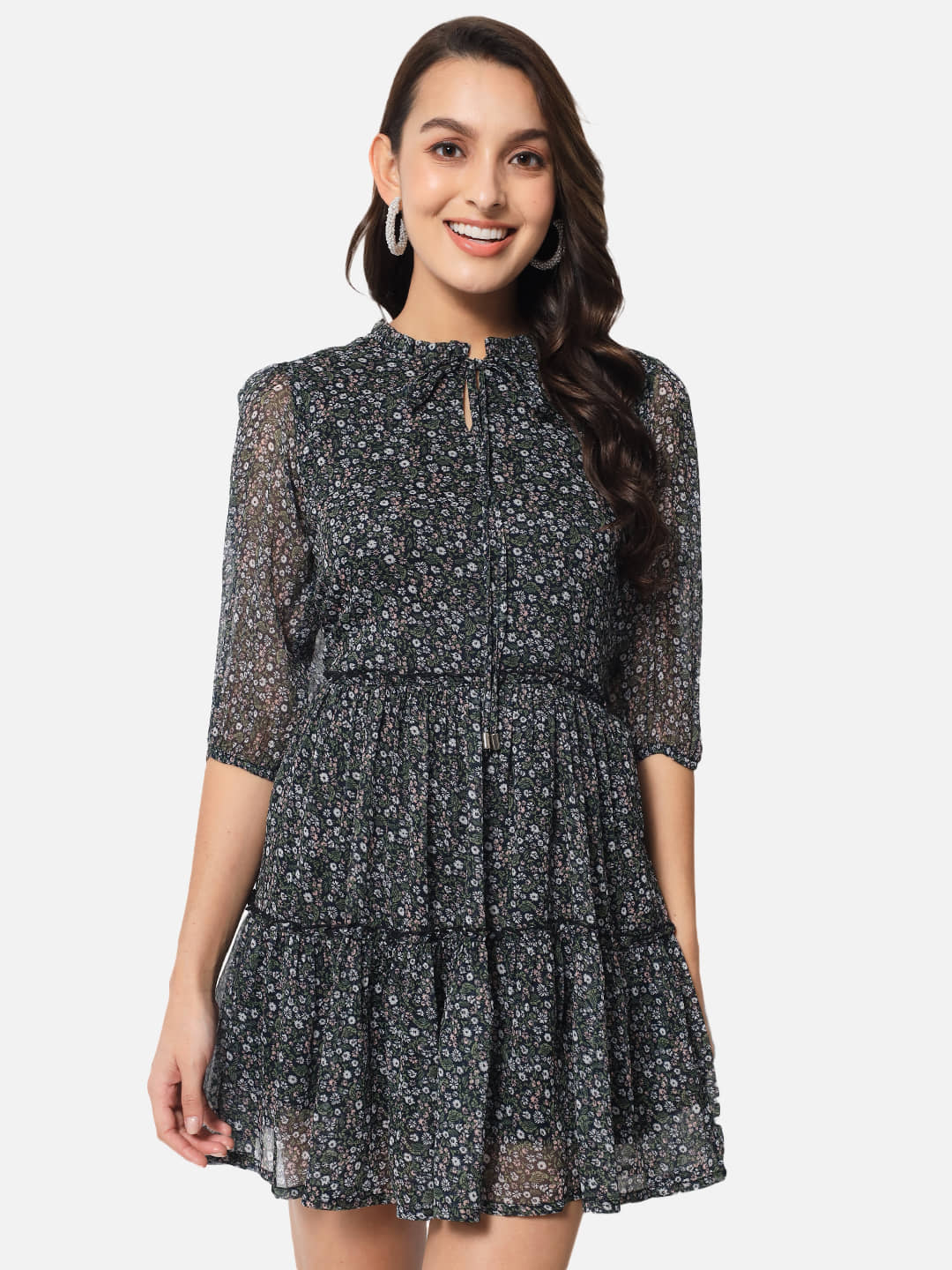 ALL WAYS YOU Women Georgette Printed Fit & Flare Dress ( Black )