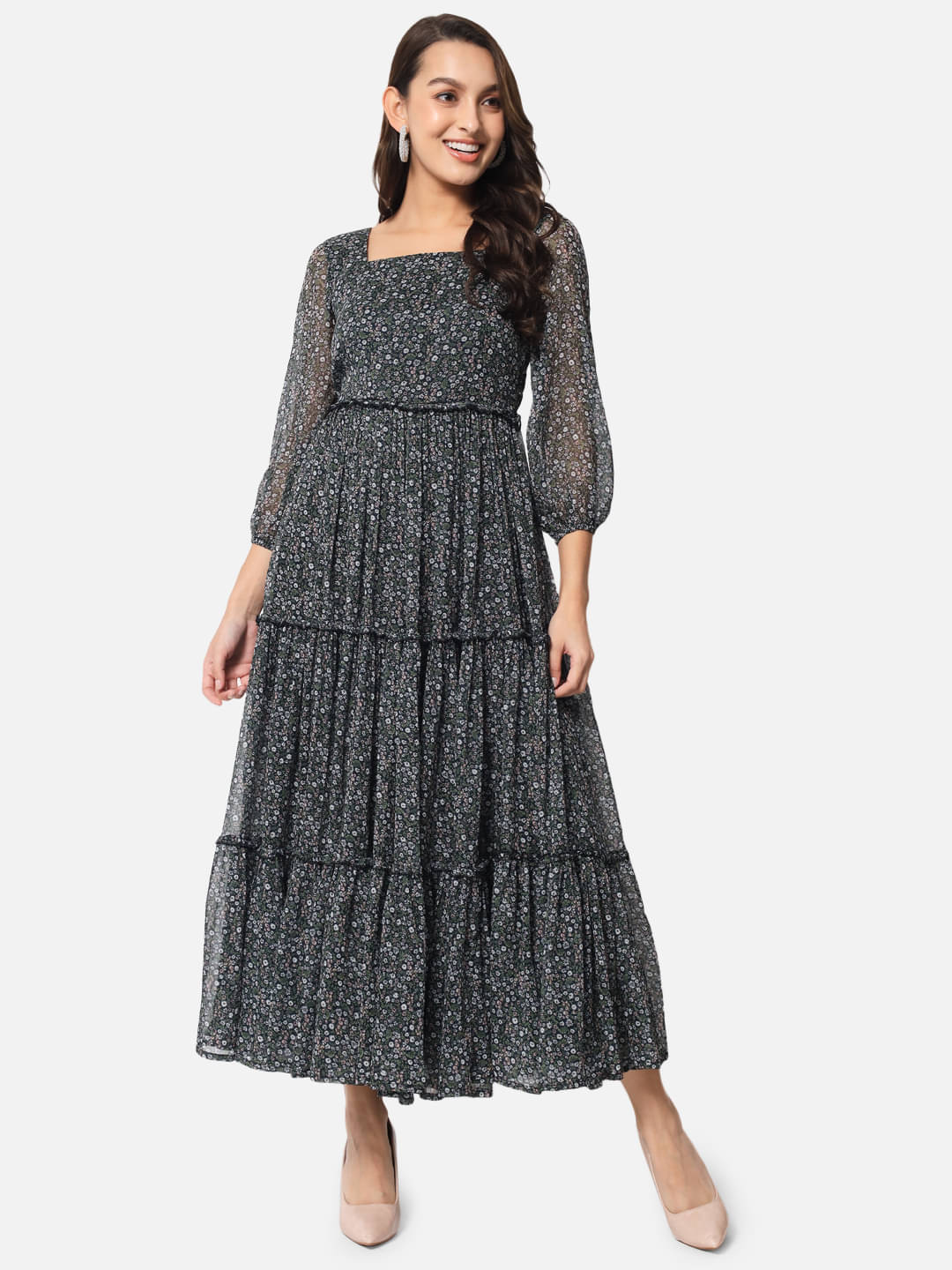     			ALL WAYS YOU Women Polyester Printed Fit & Flare Dress ( Black )