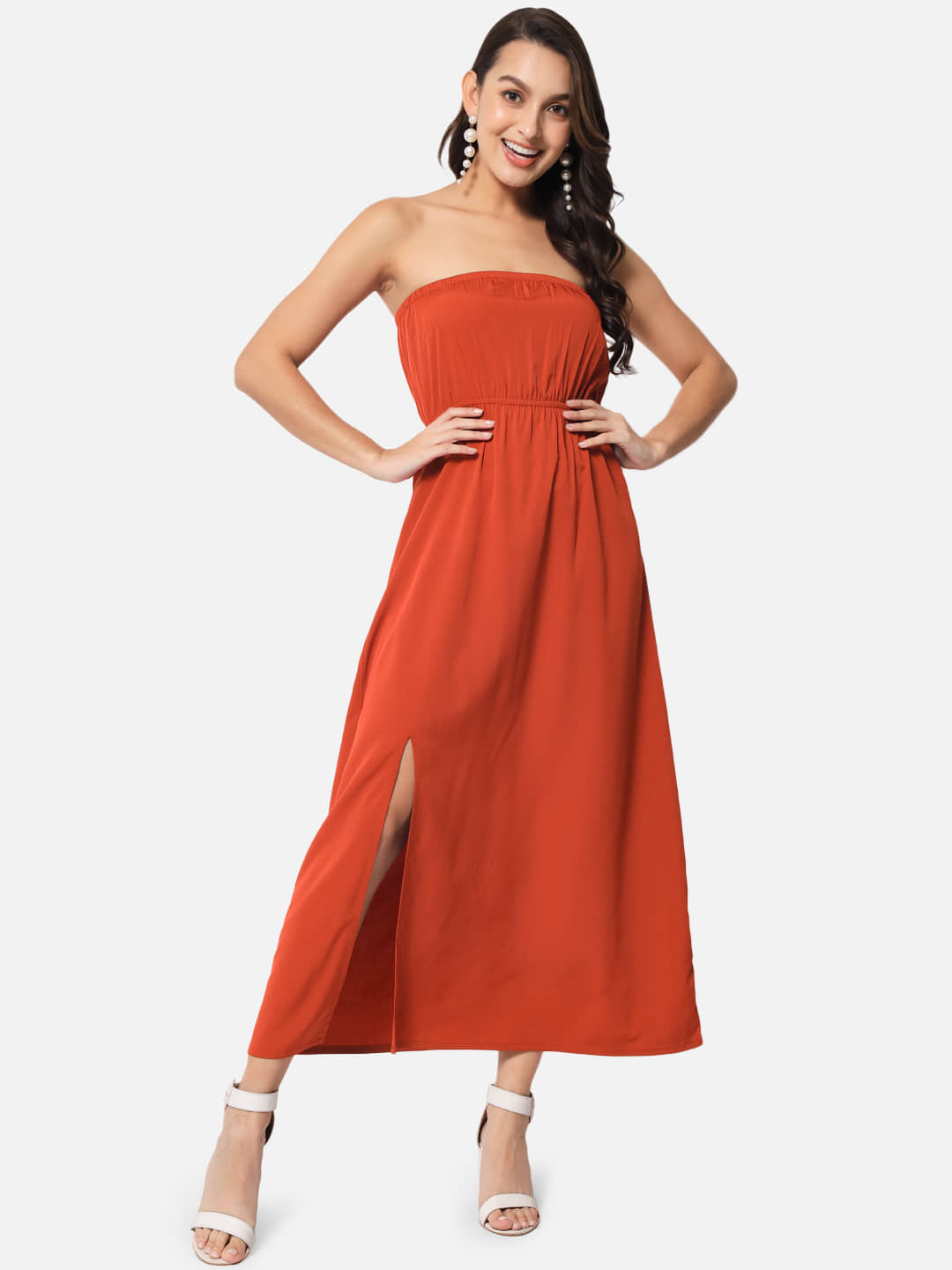 ALL WAYS YOU Women Polyester Solid Side Slit Dress ( Fluorescent Orange )