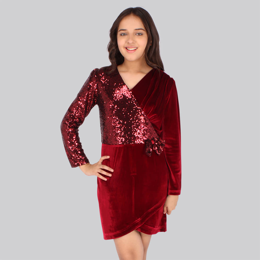 Cutecumber Velvet Wrap Dress For Girls ( Pack of 1 , Maroon )