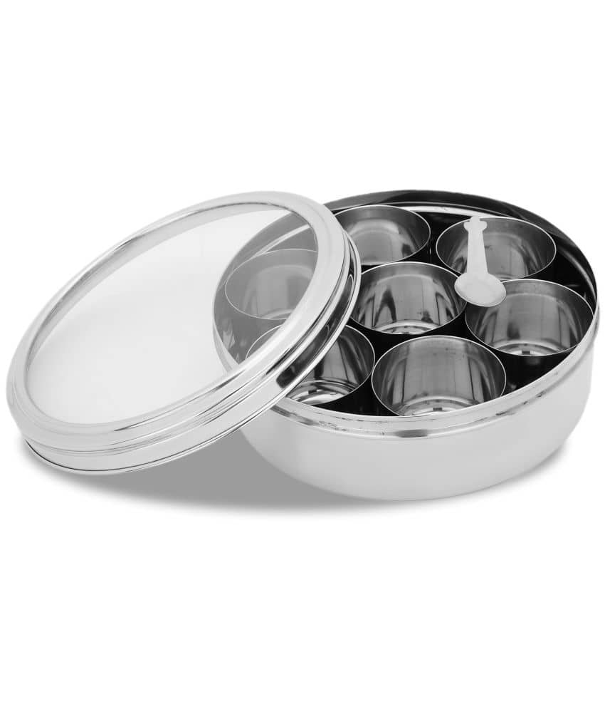 HomePro - Stainless Steel Neelam Masala Dabba / Spice Box / Organizer with 7 containers, see through lid and spoon 12no.