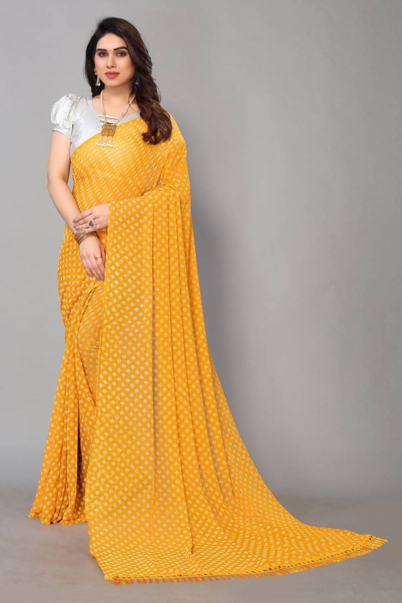     			FABMORA Chiffon Printed Saree With Unstitched Blouse Piece ( Mustard )