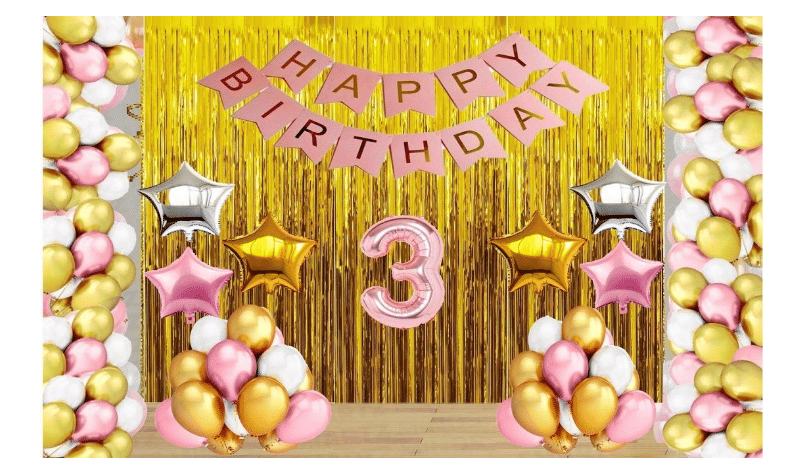     			Jolly Party  Rose Gold Balloons with Happy Birthday Decoration Items /Happy Birthday Pink Banner Set of 13 Letters ,30 HD Metallic Pink , Gold & White Balloons ,2 Gold , 2 Silver & 2 Rose Gold star Foil Balloons ,2 Gold Curtains Frin