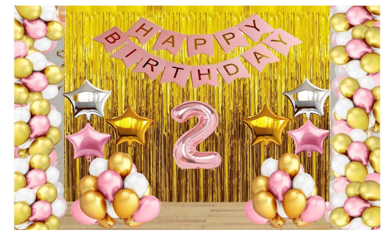     			Jolly Party  Rose Gold Balloons with Happy Birthday Decoration Items /Happy Birthday Pink Banner Set of 13 Letters ,30 HD Metallic Pink , Gold & White Balloons ,2 Gold , 2 Silver & 2 Rose Gold star Foil Balloons