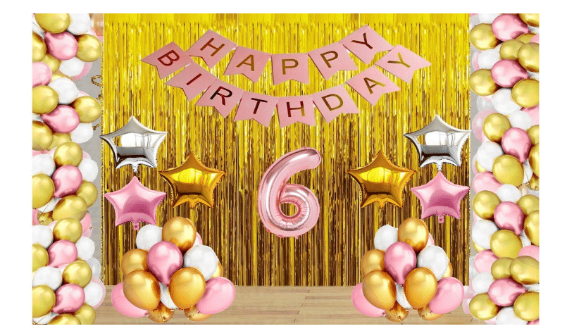     			Jolly Party  Rose Gold Balloons with Happy Birthday Decoration Items /Happy Birthday Pink Banner Set of 13 Letters ,30 HD Metallic Pink , Gold & White Balloons ,2 Gold , 2 Silver & 2 Rose Gold star Foil Balloons ,2 Gold Curtains Fringe