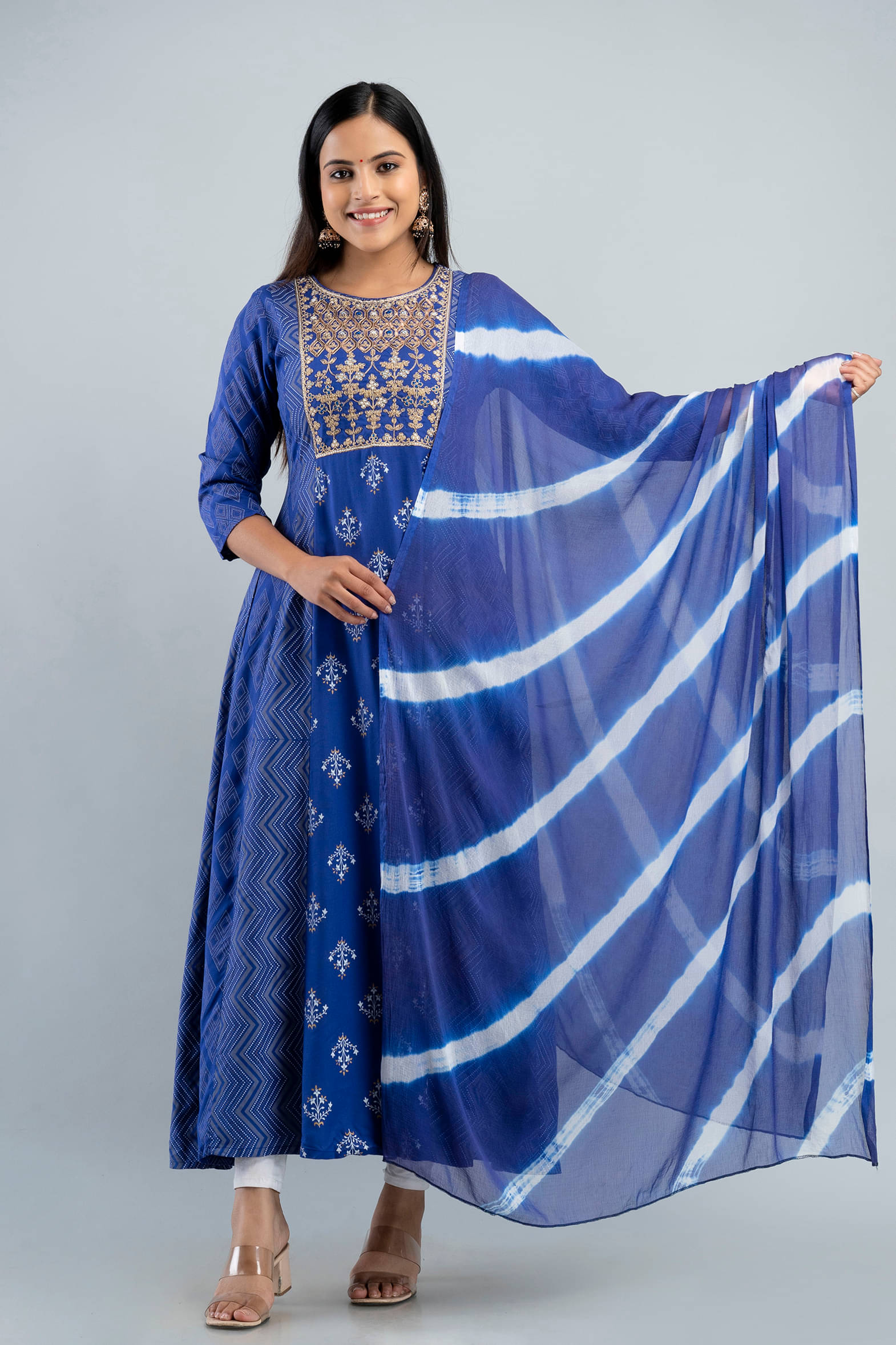 MAUKA - Blue Straight Rayon Women's Stitched Ethnic Gown ( Pack of 1 )     			MAUKA - Blue Straight Rayon Women's Stitched Ethnic Gown ( Pack of 1 )