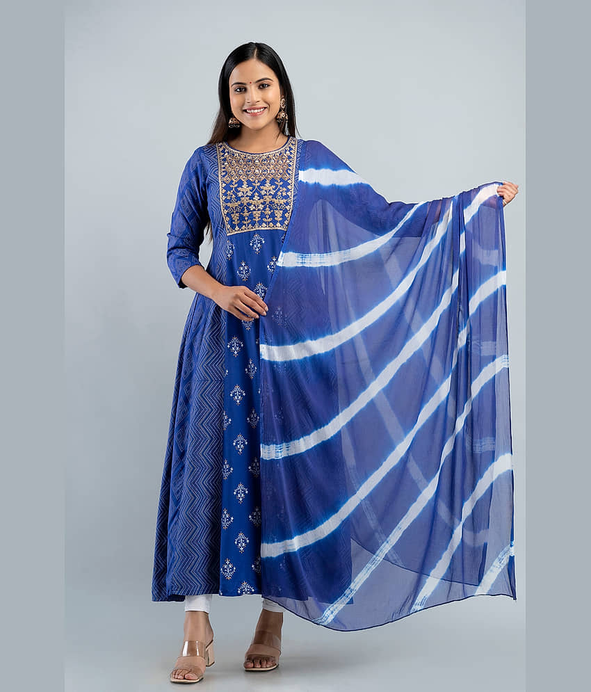 MAUKA - Blue Straight Rayon Women's Stitched Ethnic Gown ( Pack of 1 ) - Unstitched Fabrics | Buy online on ZillyBuy