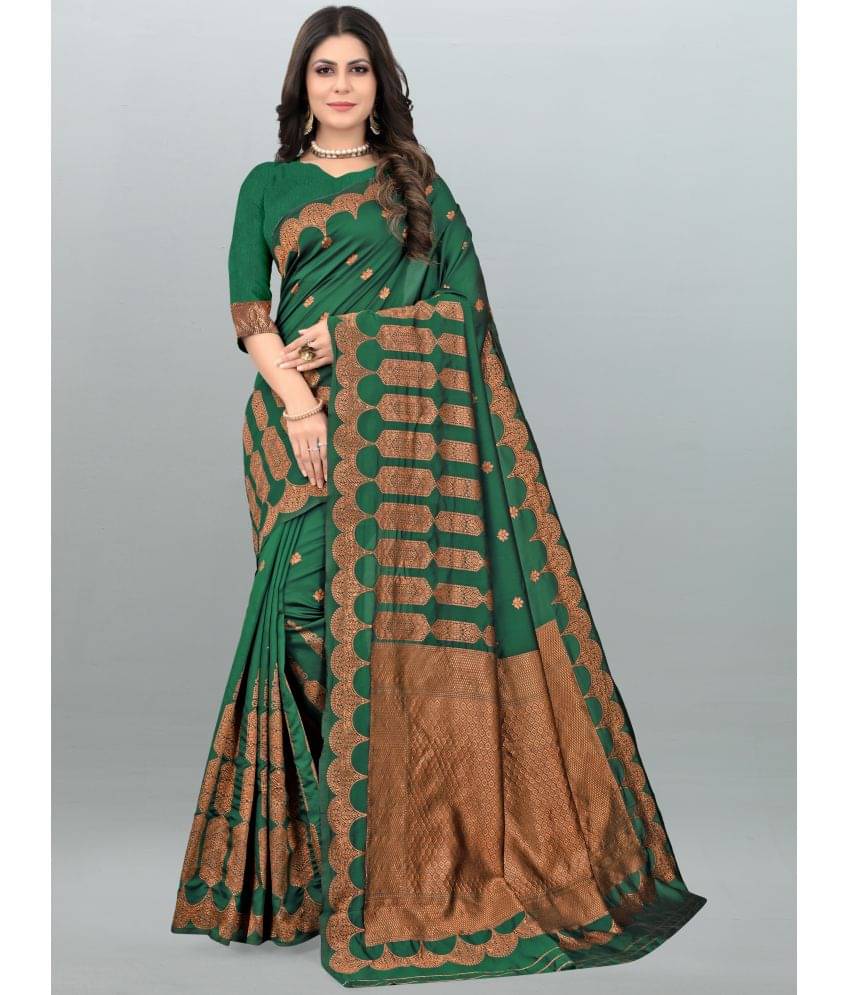 Om Shantam Sarees Banarasi Silk Embellished Saree With Unstitched Blouse Piece ( Green ) Om Shantam Sarees Banarasi Silk Embellished Saree With Unstitched Blouse Piece ( Green )