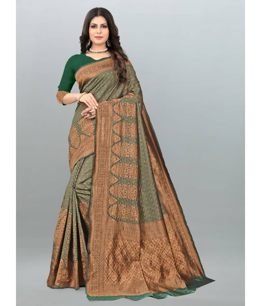 Om Shantam Sarees Banarasi Silk Embellished Saree With Unstitched Blouse Piece ( Green ) - Sarees | Buy online on ZillyBuy