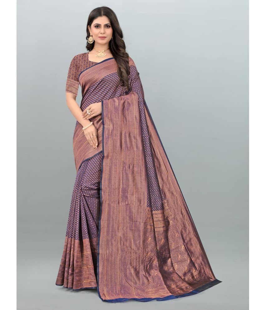 Om Shantam Sarees Banarasi Silk Embellished Saree With Unstitched Blouse Piece ( Navy Blue ) - Sarees | Buy online on ZillyBuy