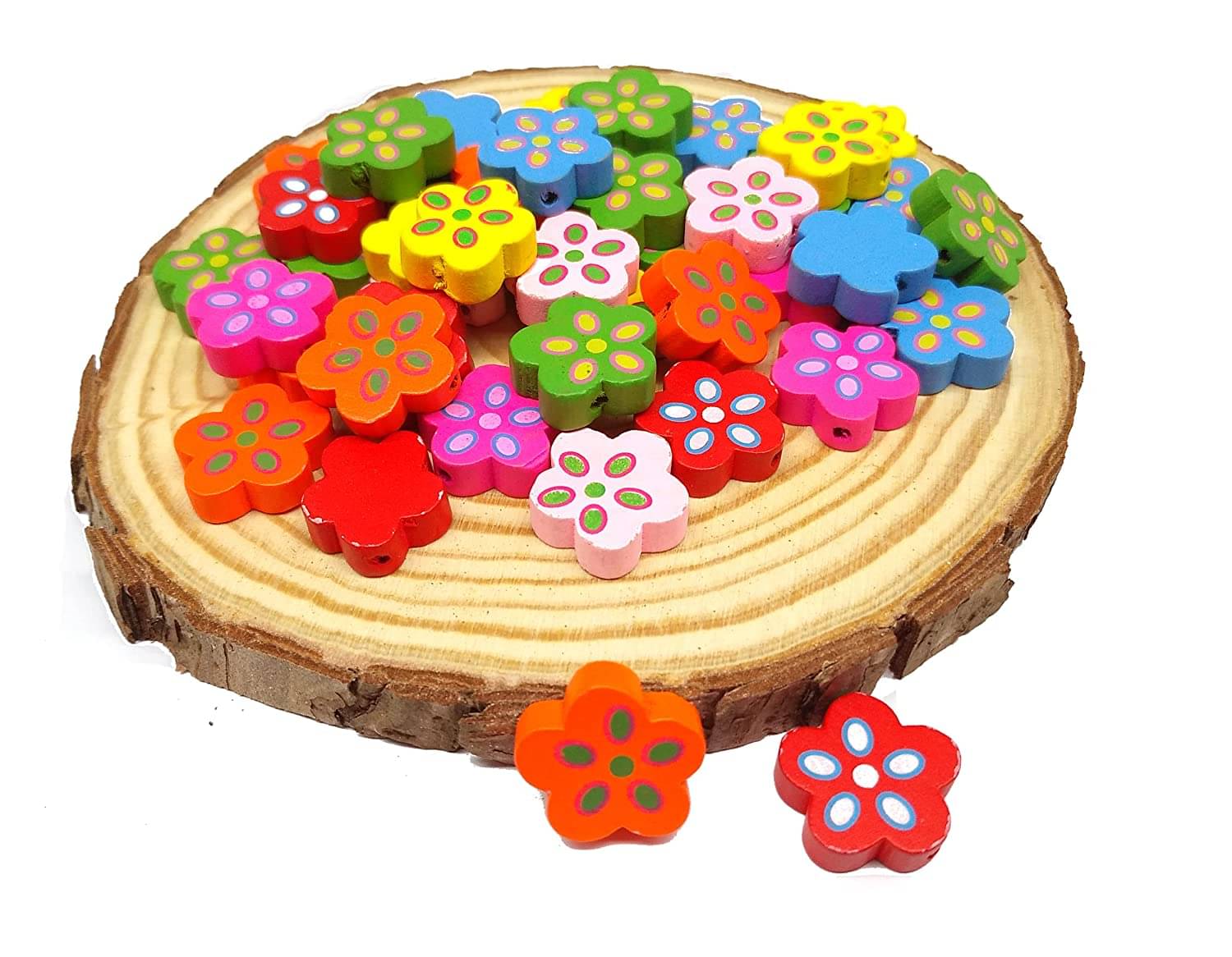     			PRANSUNITA Designer Wooden Colorful Beads Buttons Used for Art and Crafts, Pendant Jewelry, Vandanwar Making, DIY Crafts Project etc. Pack of 45 pcs – Shape-New Flower