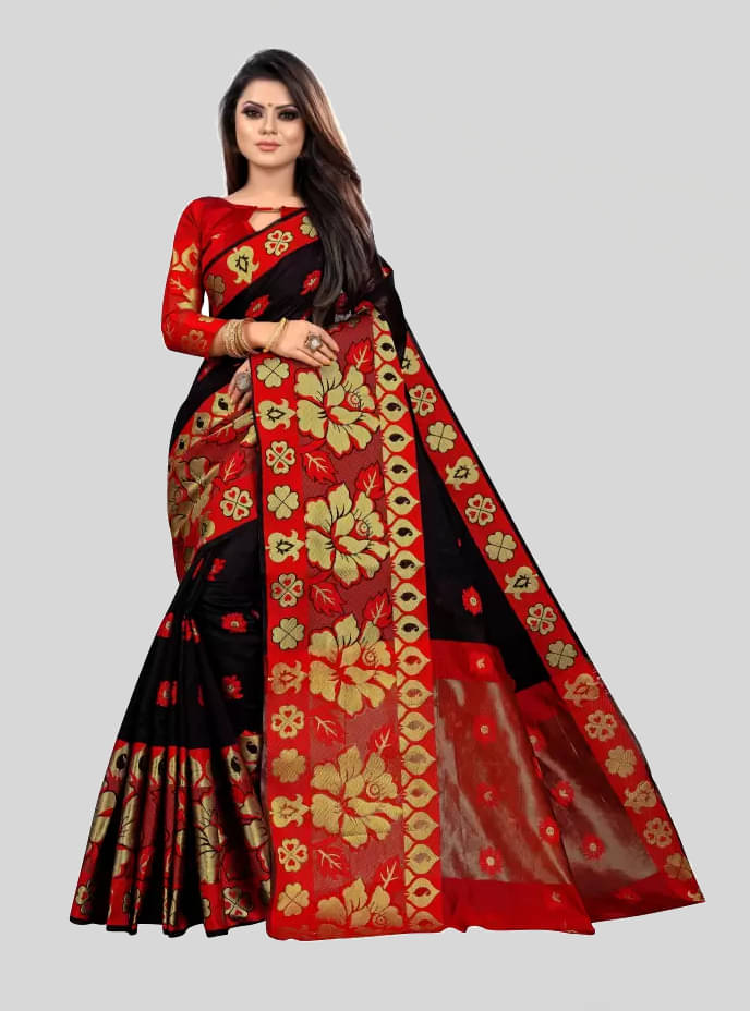     			SSP TEX Silk Blend Printed Saree With Unstitched Blouse Piece ( Black )