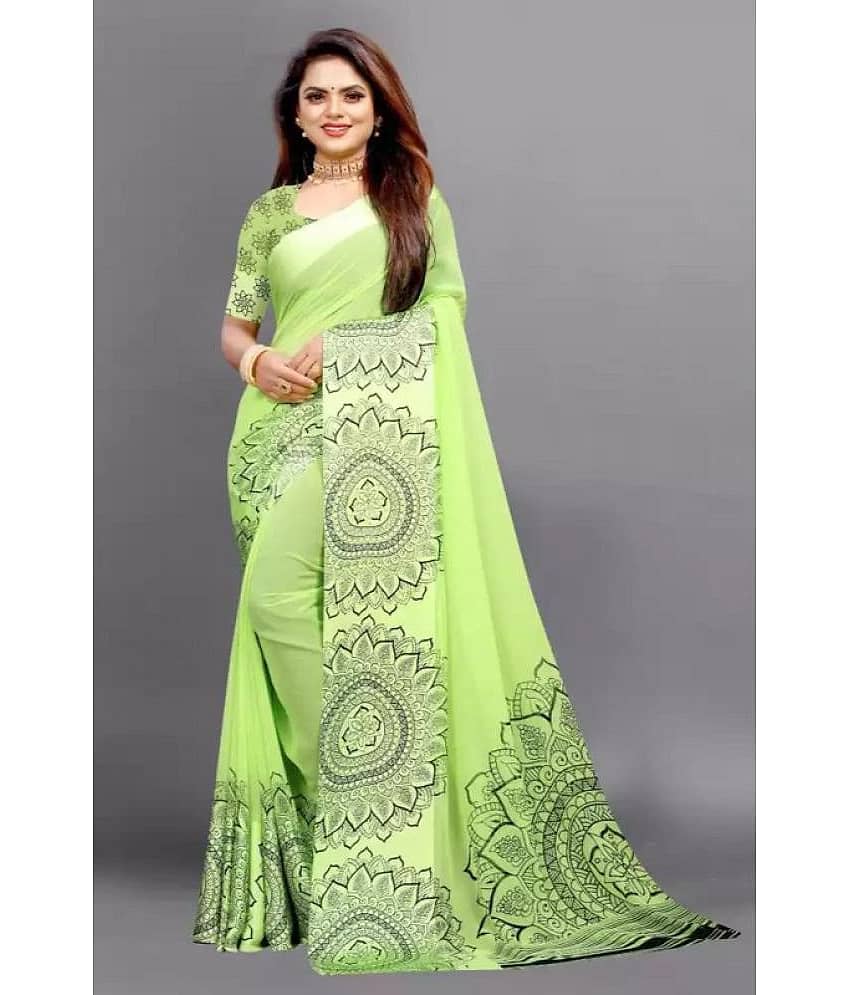 Sanjana Silks Georgette Printed Saree With Unstitched Blouse Piece ( Green )