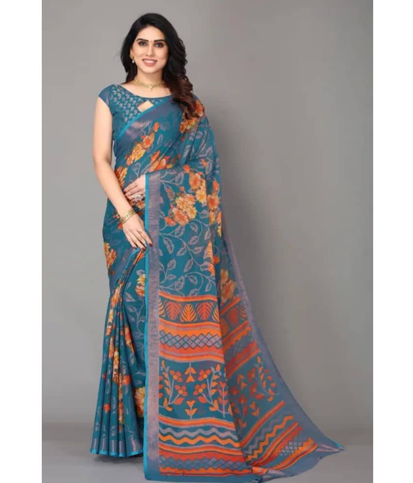 Sanjana Silks Brasso Printed Saree With Unstitched Blouse Piece ( SkyBlue )