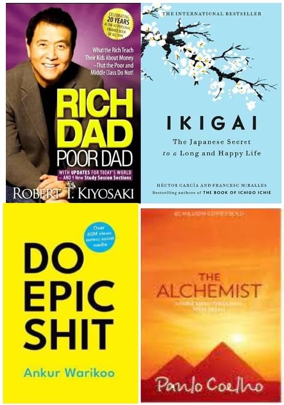 combo of three books - Rich dad poor dad + ikigai + Do epic shit + The Alchemist best books for self help and increase self confidence. combo of three books - Rich dad poor dad + ikigai + Do epic shit + The Alchemist best books for self help and increase self confidence.