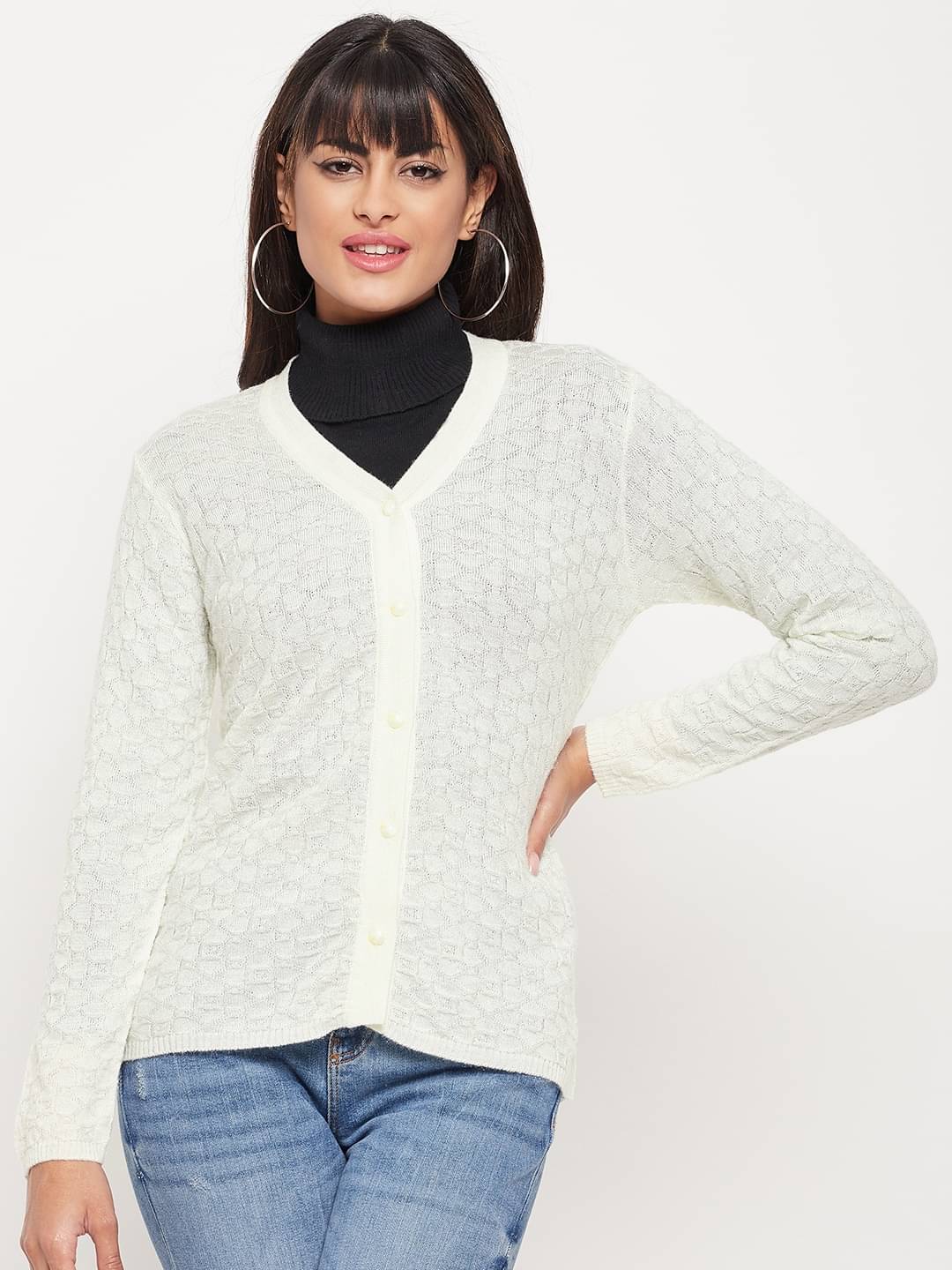     			Clapton Acro Wool White Buttoned Cardigans - Single