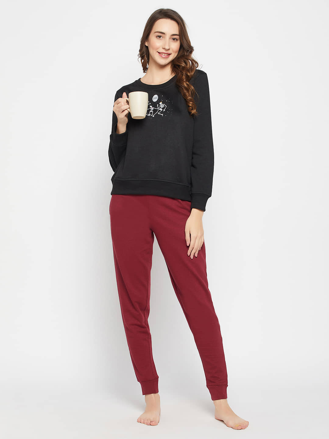 Clovia Fleece Black Non Hooded Sweatshirt