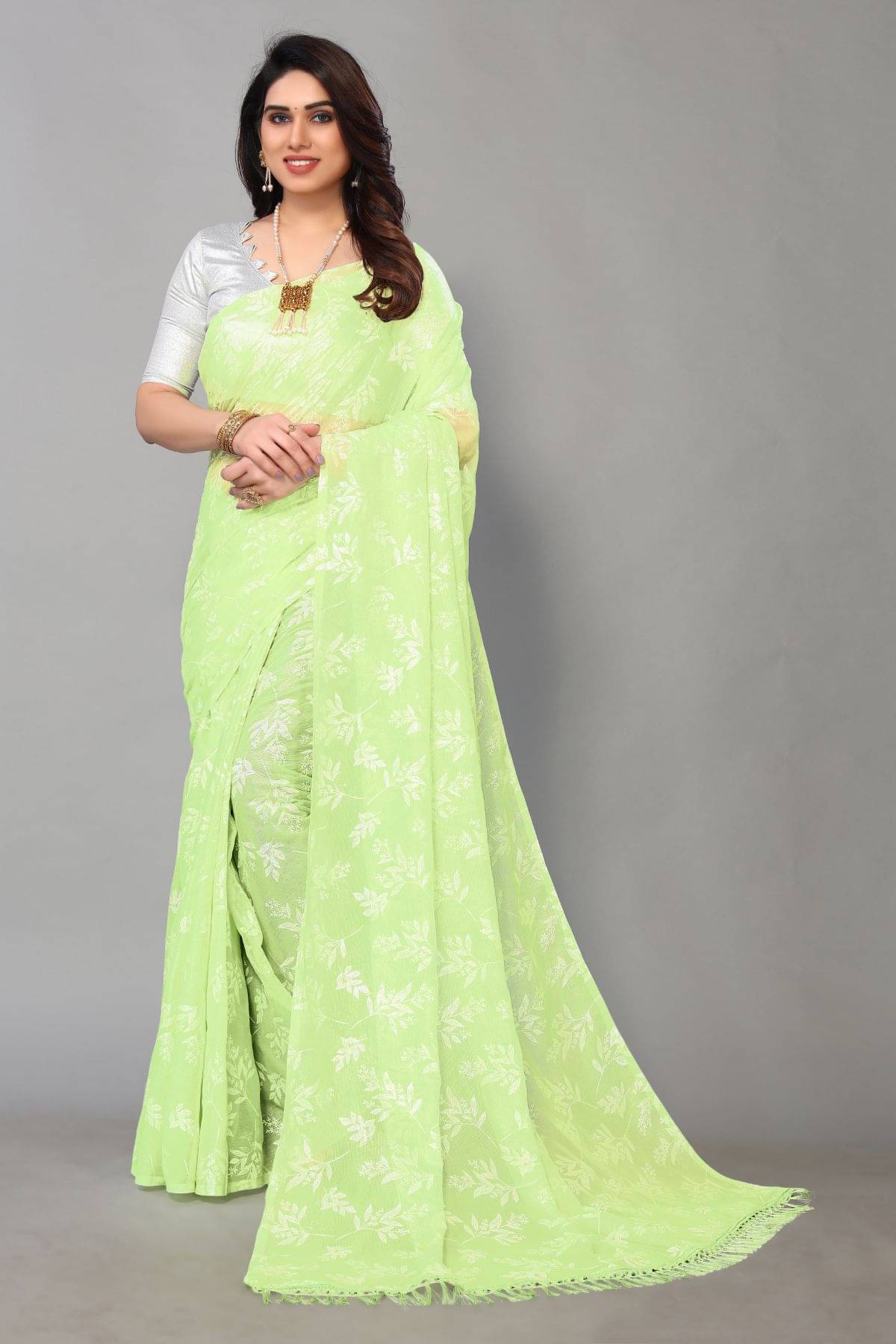 FABMORA Chiffon Printed Saree With Unstitched Blouse Piece ( Light Green )     			FABMORA Chiffon Printed Saree With Unstitched Blouse Piece ( Light Green )