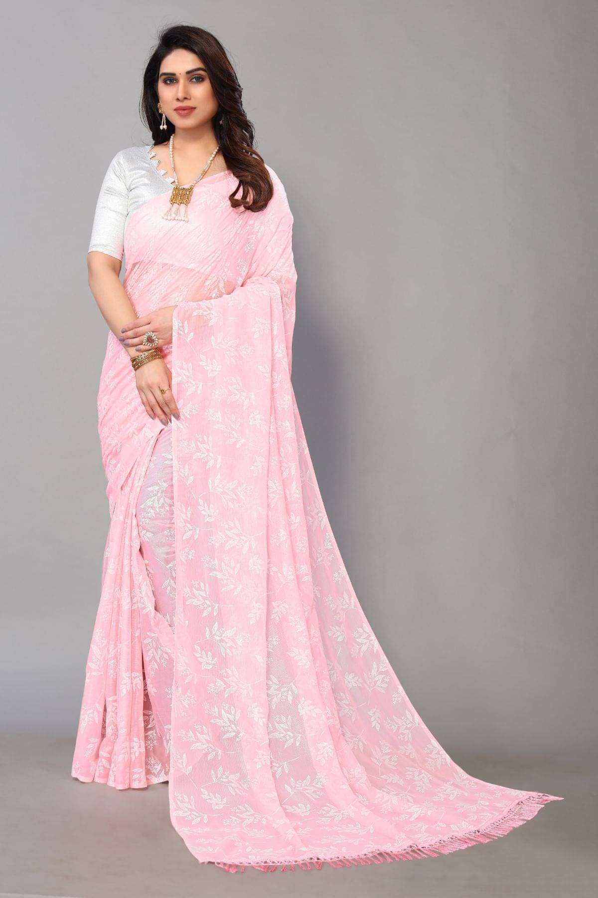 FABMORA Chiffon Printed Saree With Unstitched Blouse Piece ( Pink ) FABMORA Chiffon Printed Saree With Unstitched Blouse Piece ( Pink )