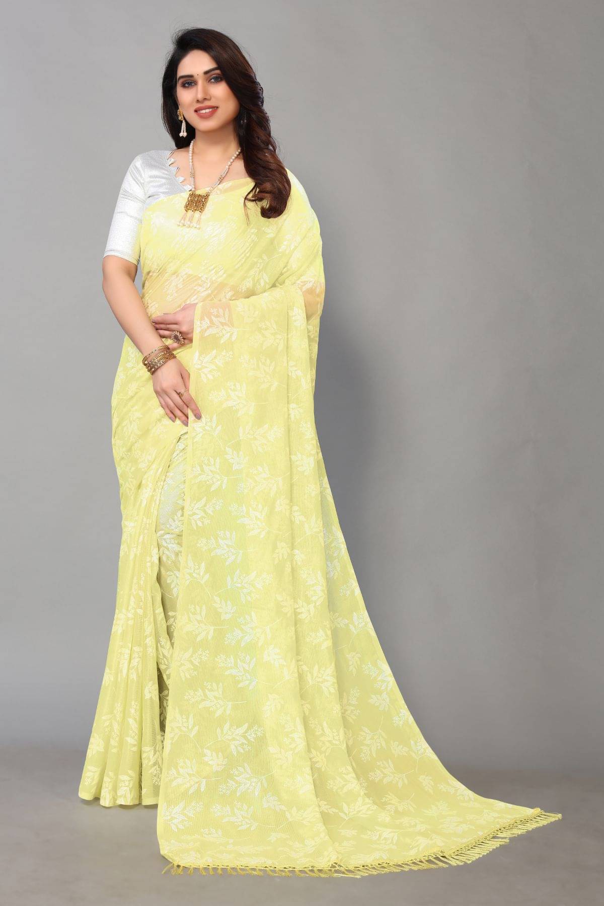     			FABMORA Chiffon Printed Saree With Unstitched Blouse Piece ( Yellow )