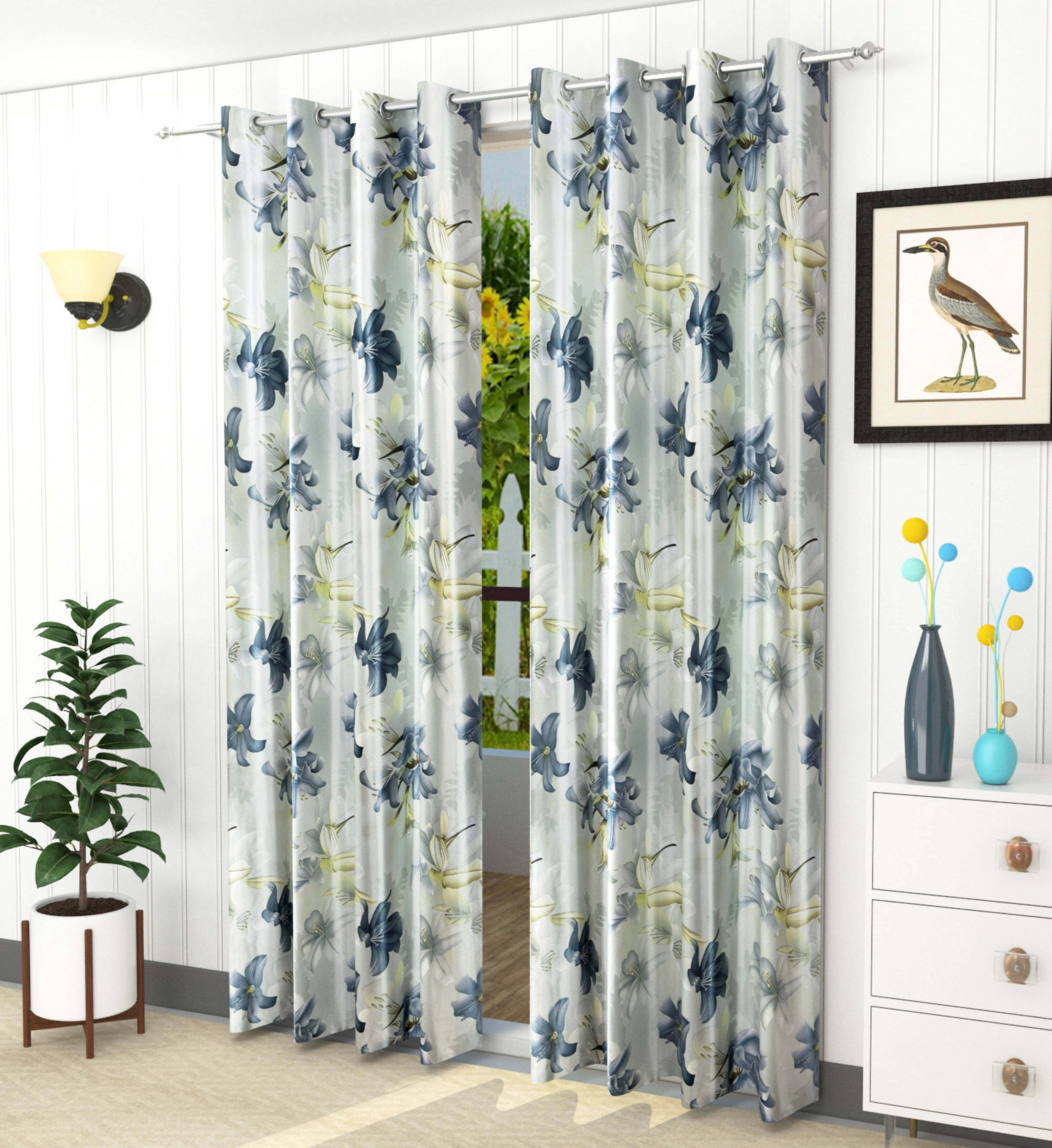     			Homefab India Floral Blackout Eyelet Door Curtain 7ft (Pack of 2) - Light Grey