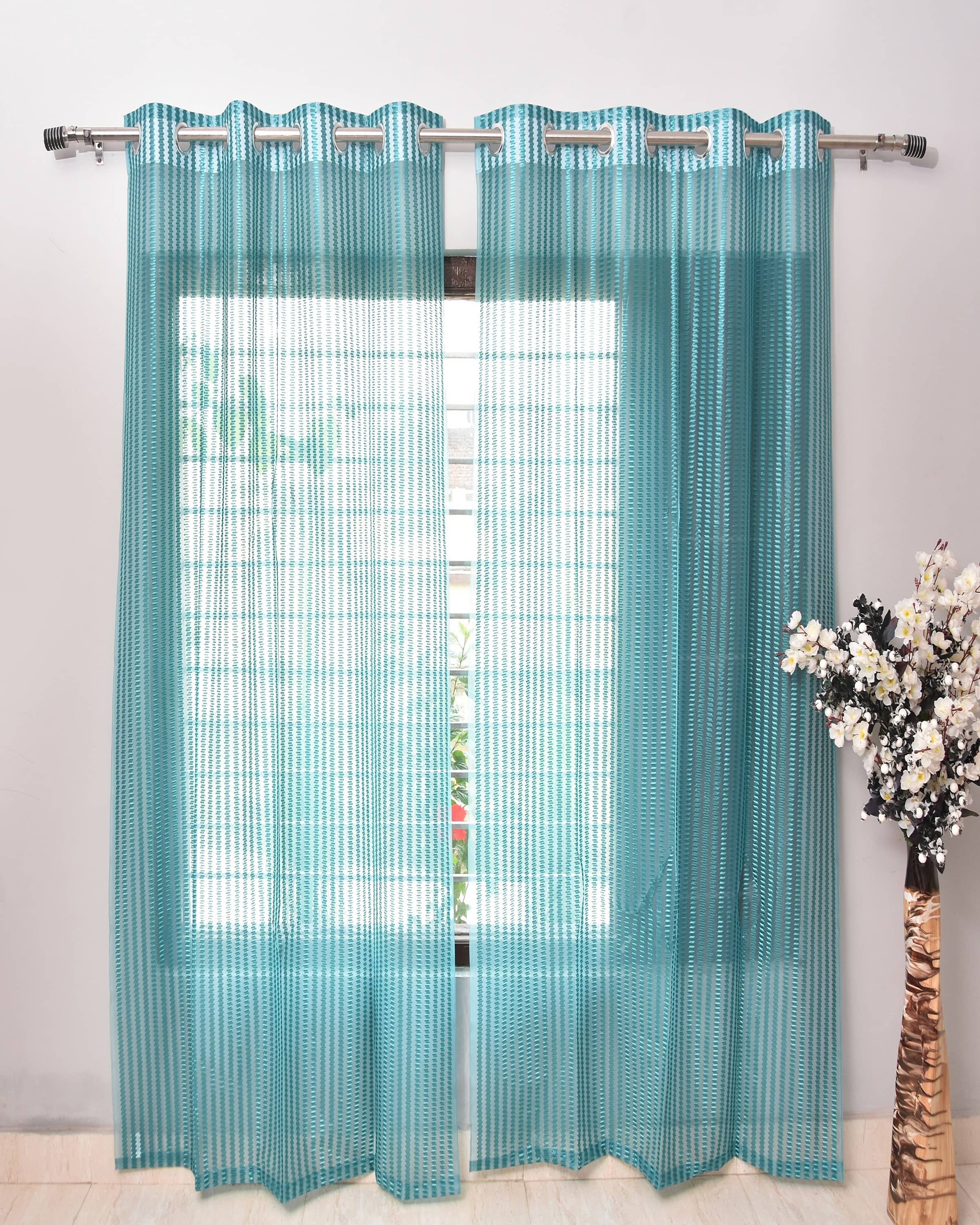 Homefab India Vertical Striped Semi-Transparent Eyelet Curtain 7 ft ( Pack of 2 ) - Turquoise