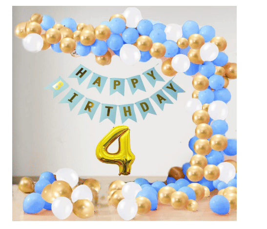     			Jolly Party  4 Year Decoration kit For Boy and Girl Happy-Birthday 62 Pcs Combo Items 20 golden, 20 White 20 Blue balloons and 13 letter happy birthday banner and 4 letter golden foil balloon.