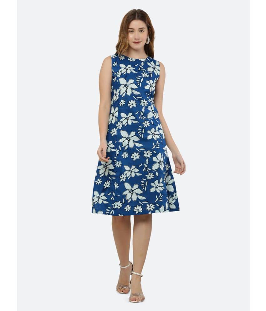 Laxgane Women Cotton Printed A-line Dress ( Blue )