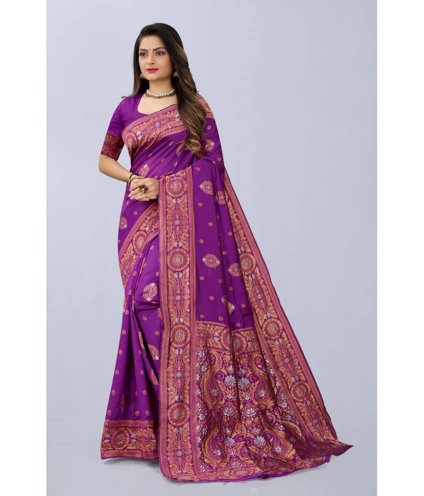 NENCY FASHION Banarasi Silk Embroidered Saree With Unstitched Blouse Piece ( Purple ) - Sarees | Buy online on ZillyBuy