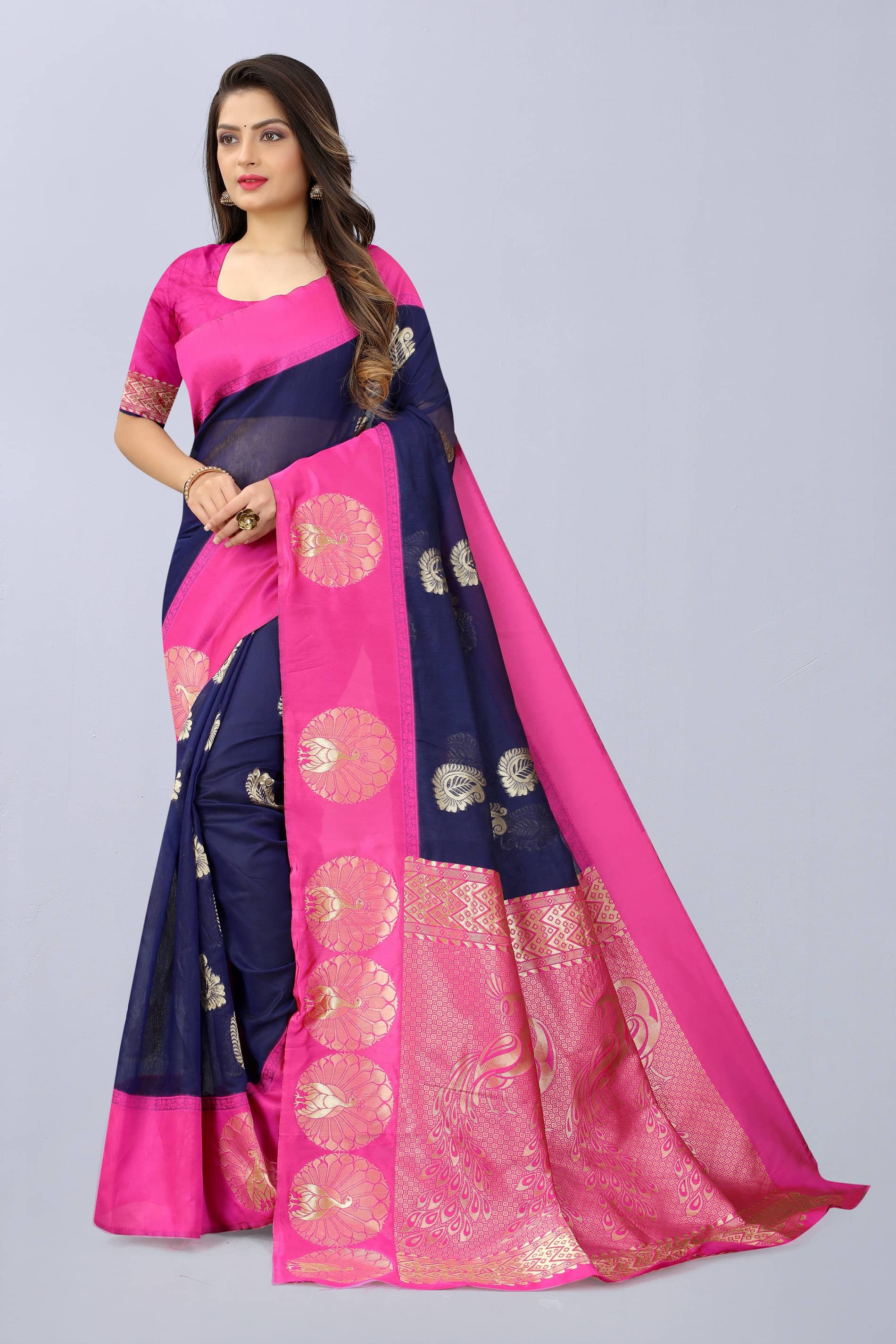 NENCY FASHION Cotton Embellished Saree With Unstitched Blouse Piece ( Rani ) - Sarees | Buy online on ZillyBuy