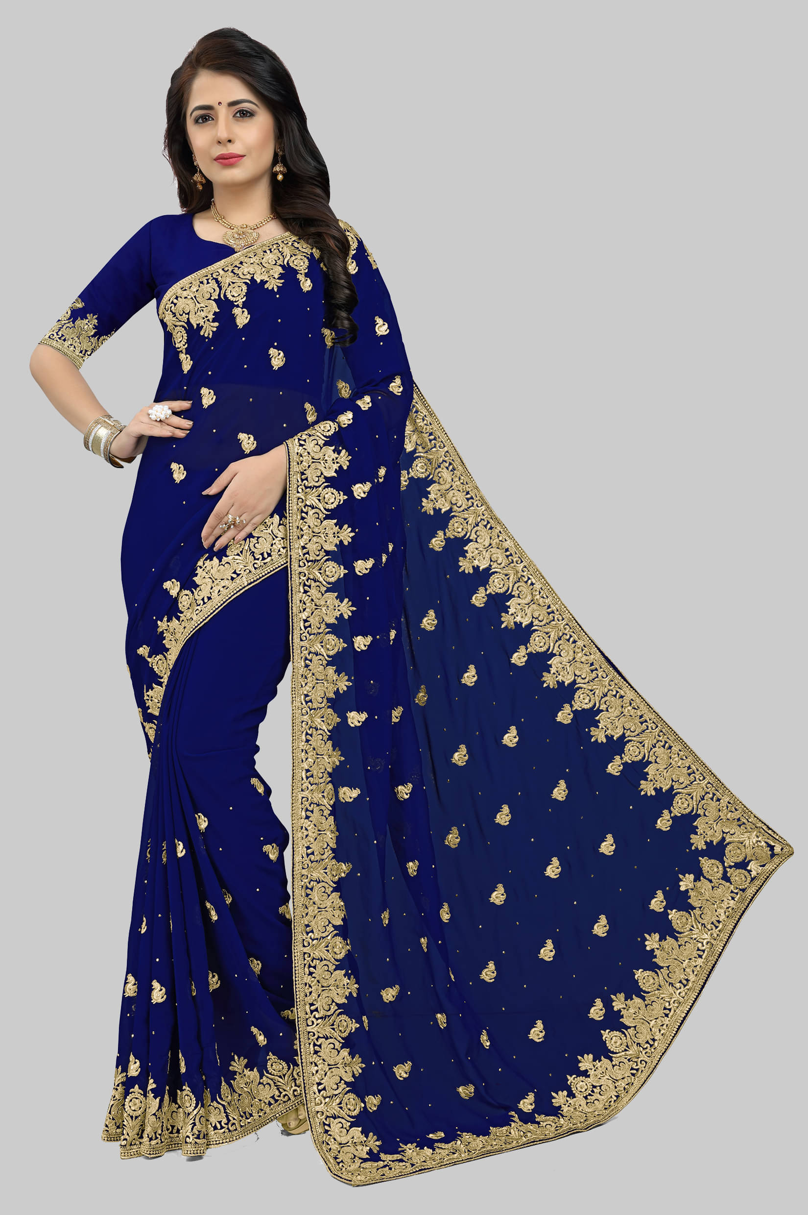     			Om Shantam Sarees Georgette Embellished Saree With Unstitched Blouse Piece ( Navy Blue )