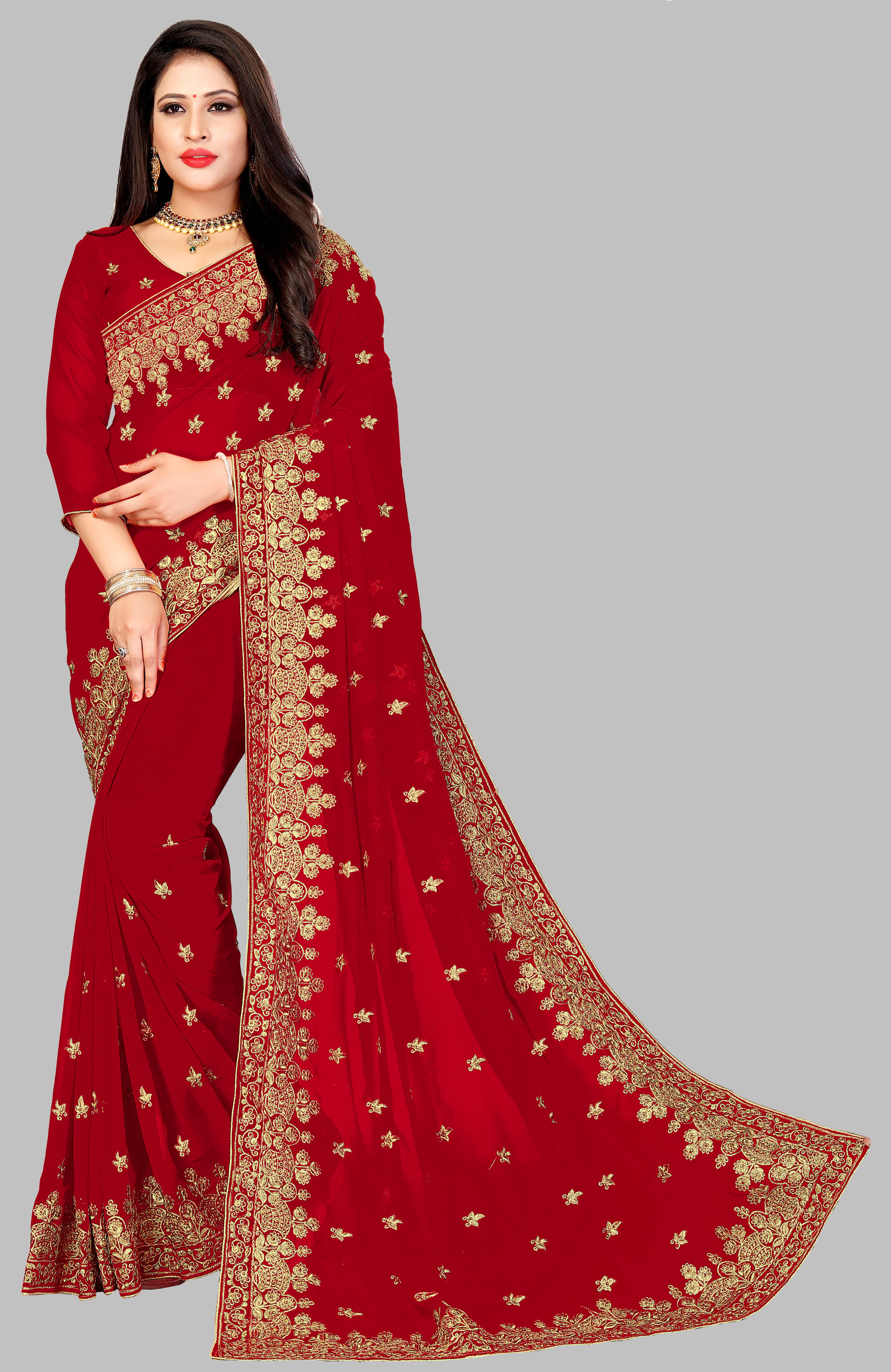 Om Shantam Sarees Georgette Embroidered Saree With Unstitched Blouse Piece ( Red ) Om Shantam Sarees Georgette Embroidered Saree With Unstitched Blouse Piece ( Red )