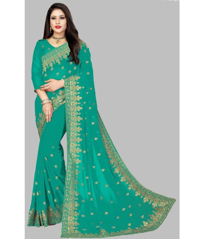     			Om Shantam Sarees Georgette Embroidered Saree With Unstitched Blouse Piece ( Turquoise )
