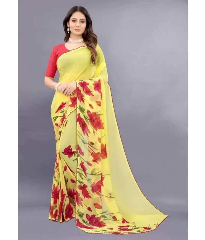 Sitanjali Georgette Printed Saree With Unstitched Blouse Piece ( Yellow ) - Sarees | Buy online on ZillyBuy