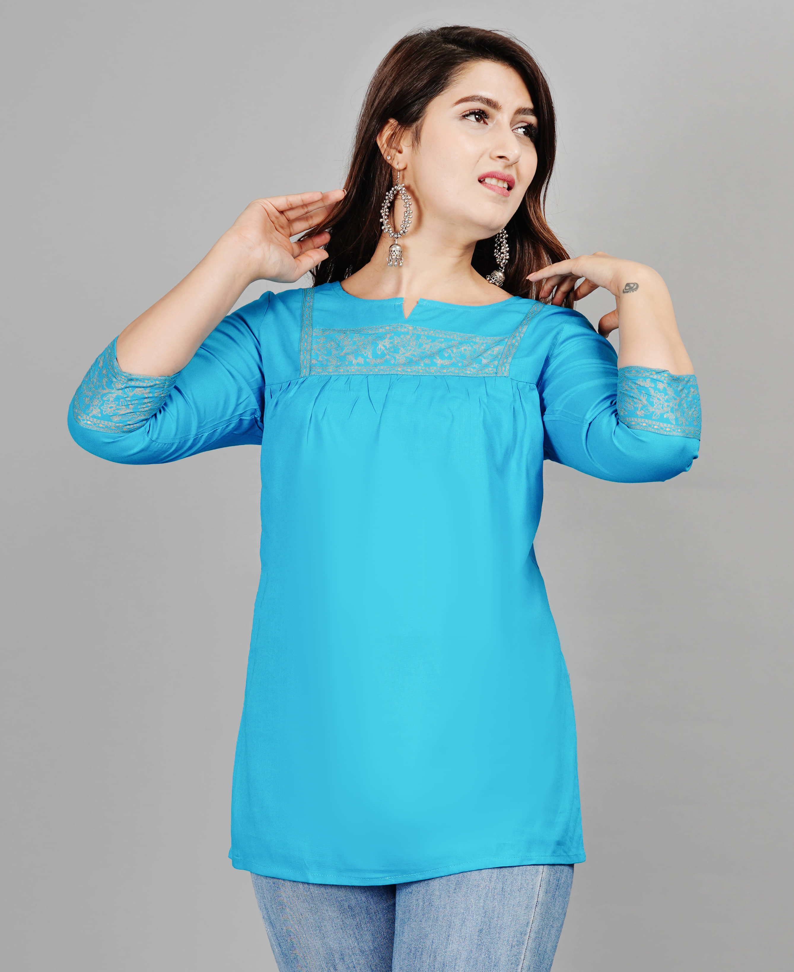 Smien Women's Rayon Tunic ( Light Blue )