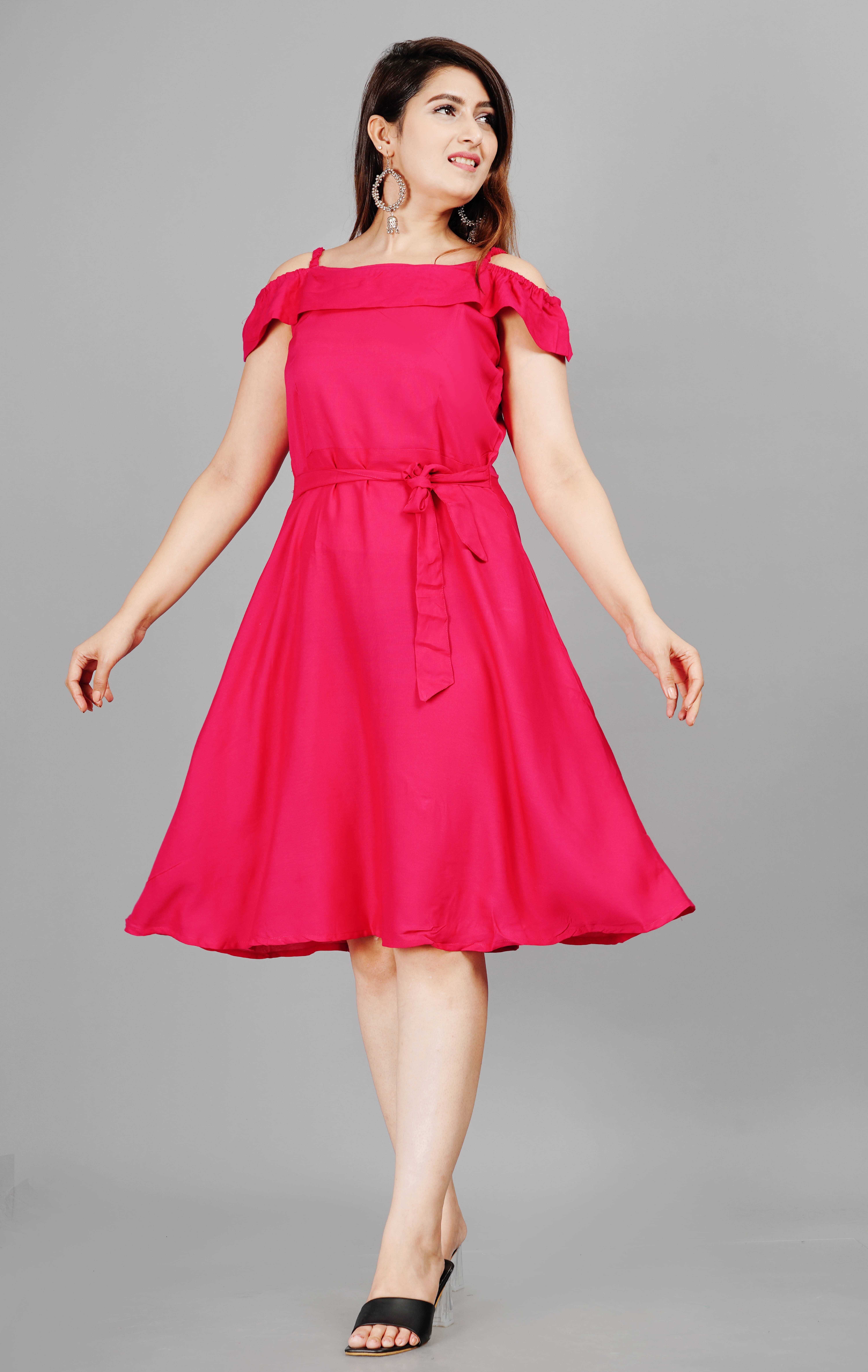 Smien Women Rayon Solid Fit & Flare Dress ( Pink ) Smien Women Rayon Solid Fit & Flare Dress ( Pink )