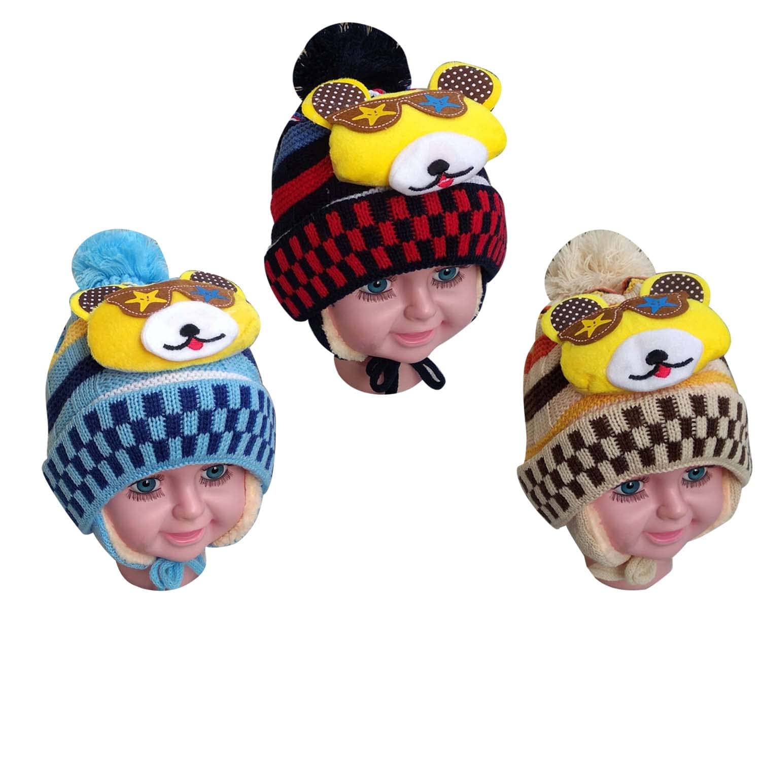 Stylish Soft 100% Woolen Winter Caps with Fur Inside For Baby Boys & Girls (Pack Of 3)