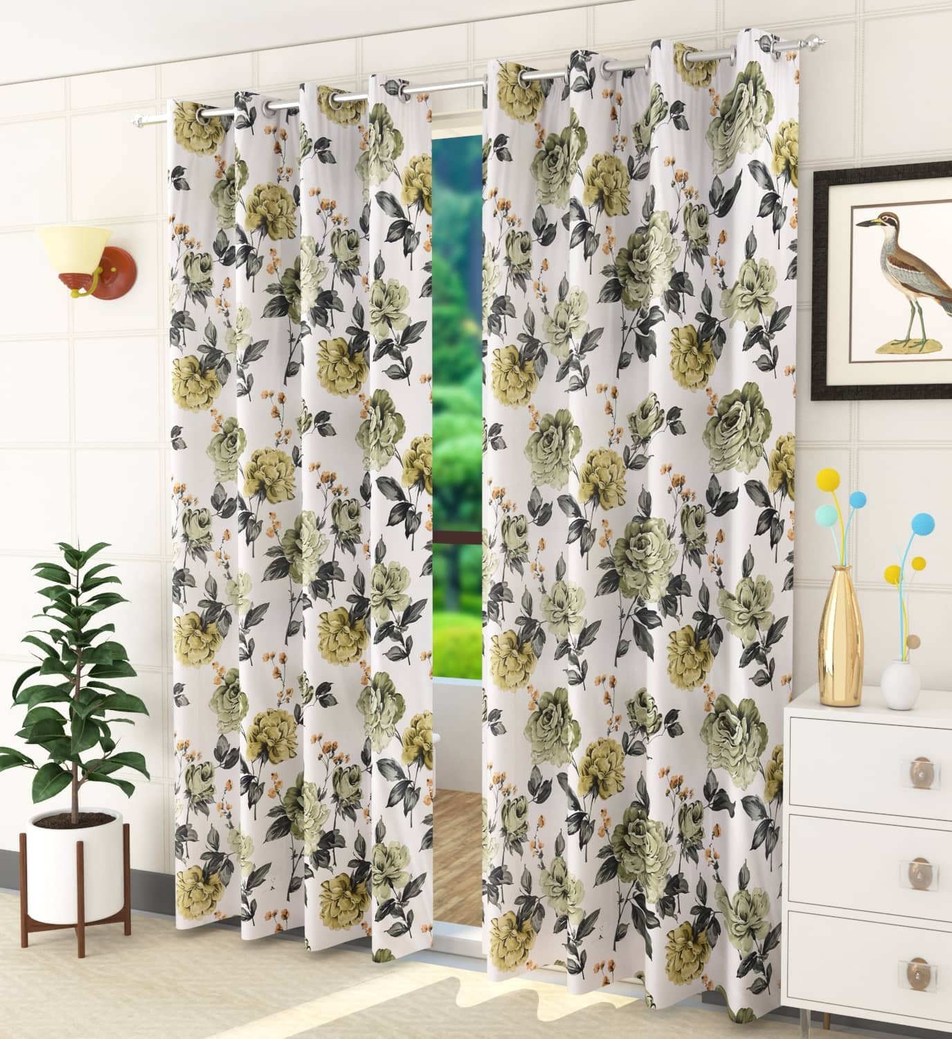 Homefab India Floral Blackout Eyelet Long Door Curtain 9ft (Pack of 2) - Green