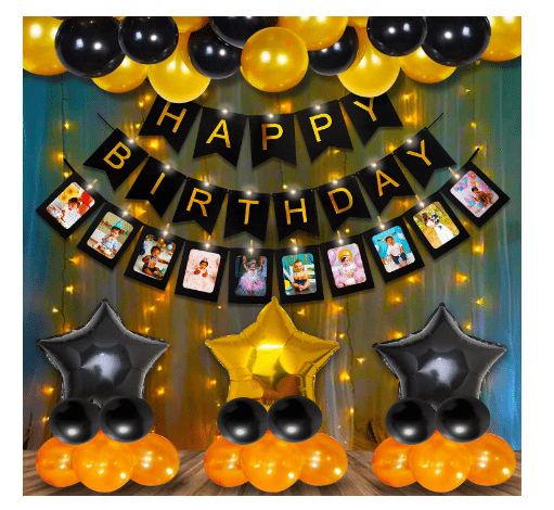     			Jolly Party  Happy Birthday Decoration Kit Combo Foil Curtain 47pcs Set - 1pc black happy birthday banner, 2pcs golden foil curtain, 3pcs star foil balloons, 1pc photo banner, 40pcs golden black metallic balloons and 1pc glue dot .