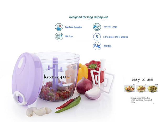     			Kitchen4U - Multicolor Plastic Mannual Chopper 750 ml ( Pack of 1 )