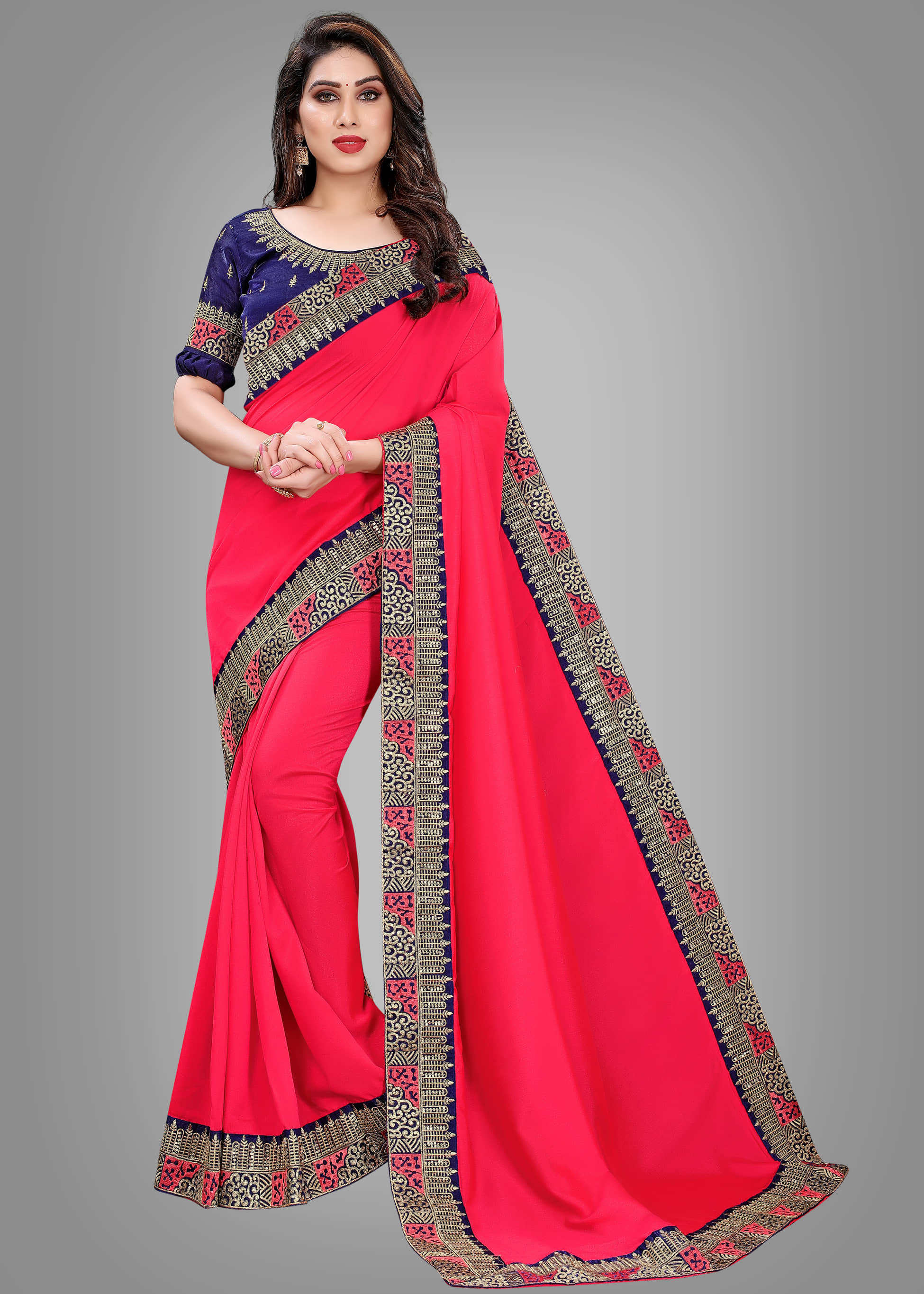 Om Shantam Sarees Crepe Embellished Saree With Unstitched Blouse Piece ( Pink ) - Sarees | Buy online on ZillyBuy