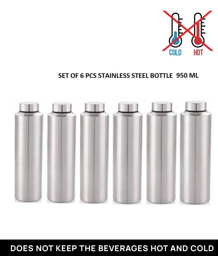     			PIQUANT KITCHENWARE Water Bottle for Home/Office/Gym/School/Collage Silver 950 mL Steel Fridge Bottle set of 6