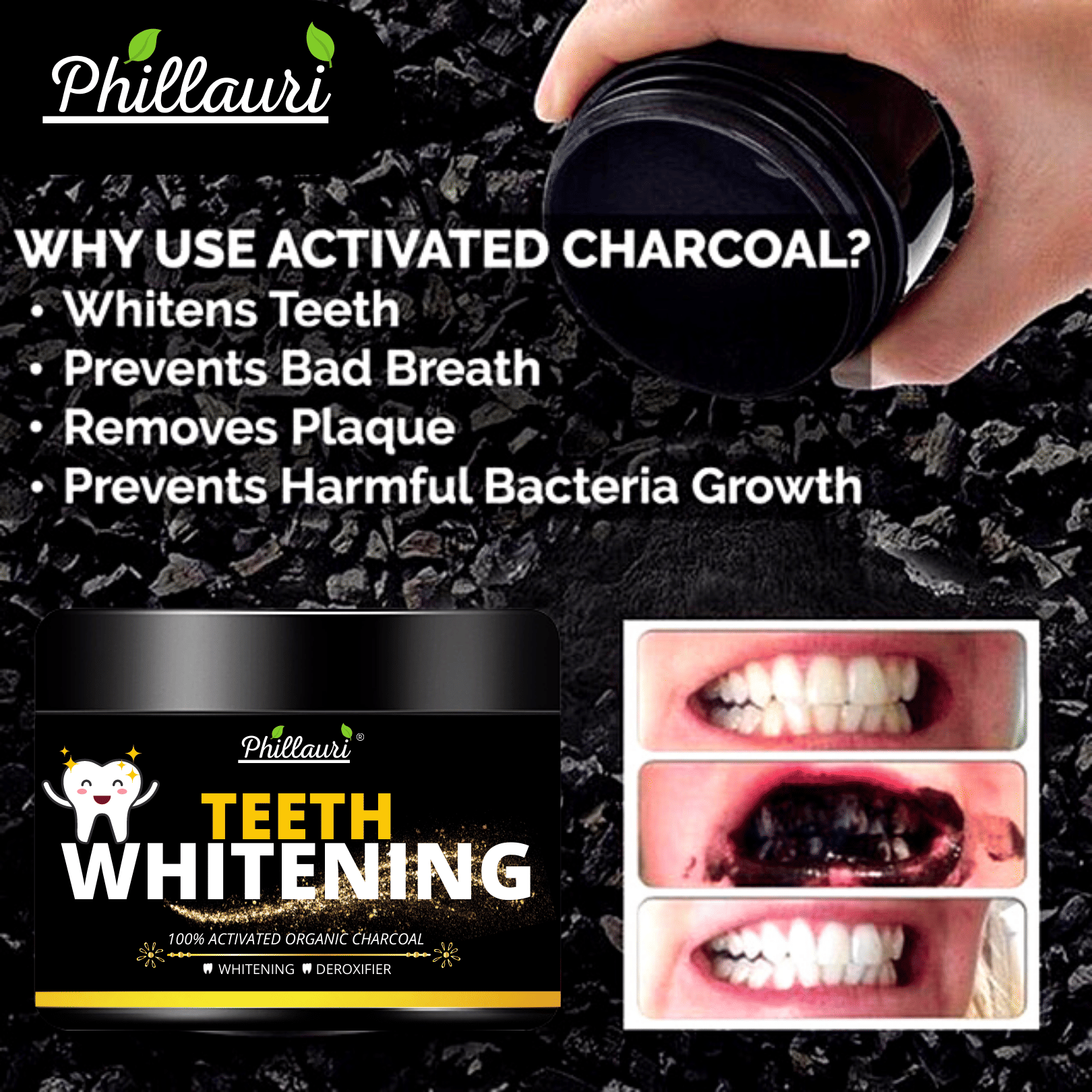 Phillauri Activated Charcoal Teeth Whitening Powder for Natural Teeth Whitening.