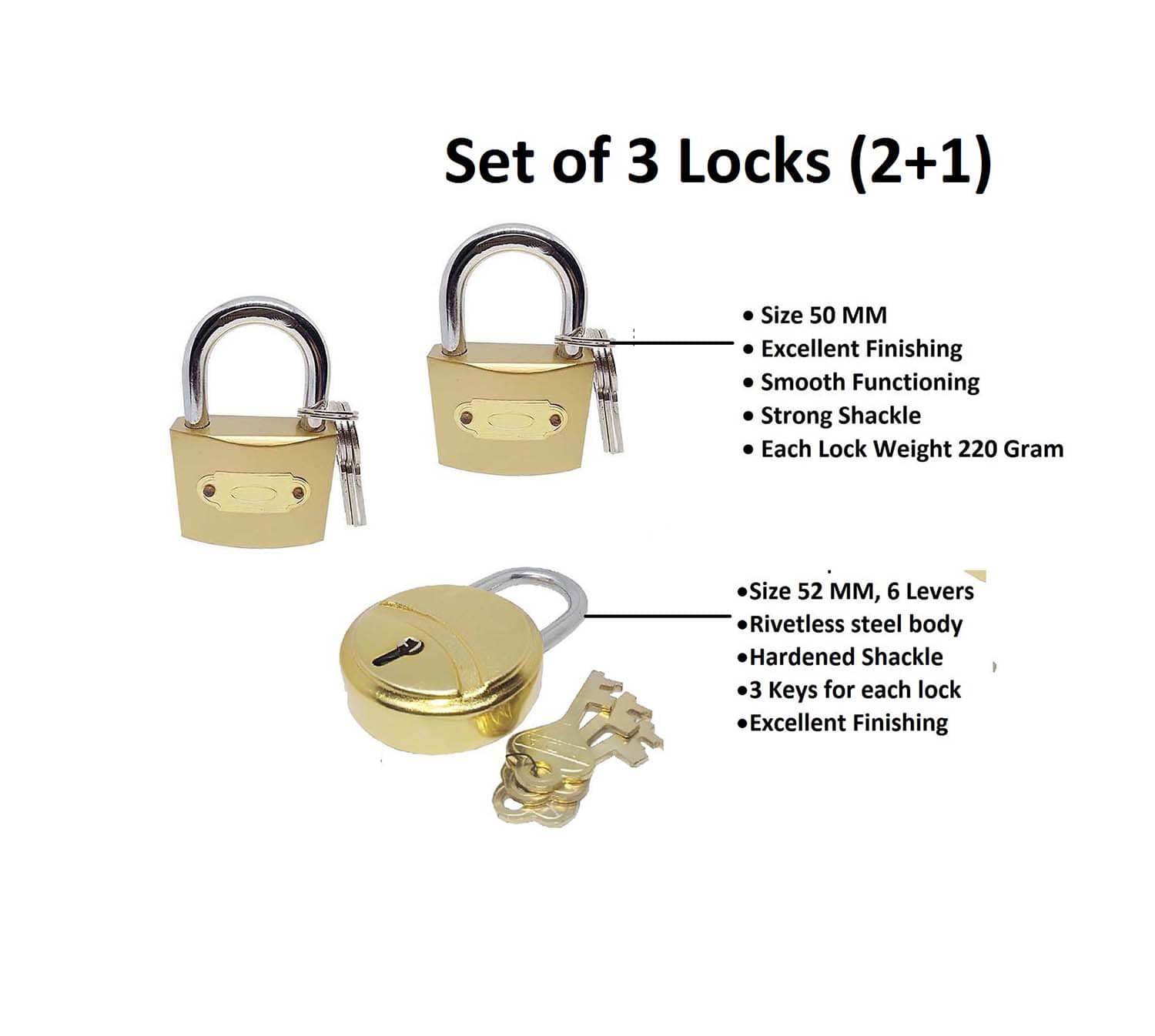     			Unikkus set of 3 locks for home room door kitchen and multi-purpose, 2 locks size 50 MM 1 Lock Size 52 MM, 3 keys for each lock and excellent finishing