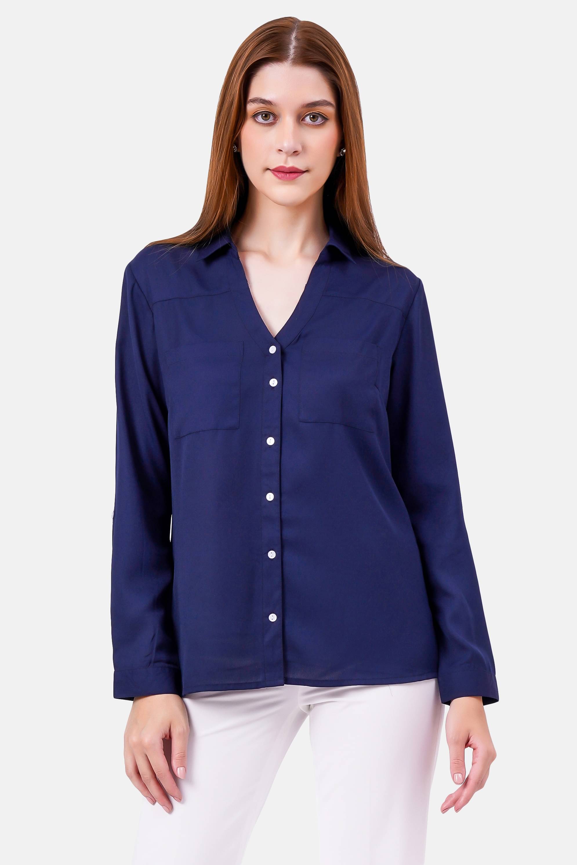     			NUEVOSDAMAS Women Solid Polyester Shirt ( Navy Blue )