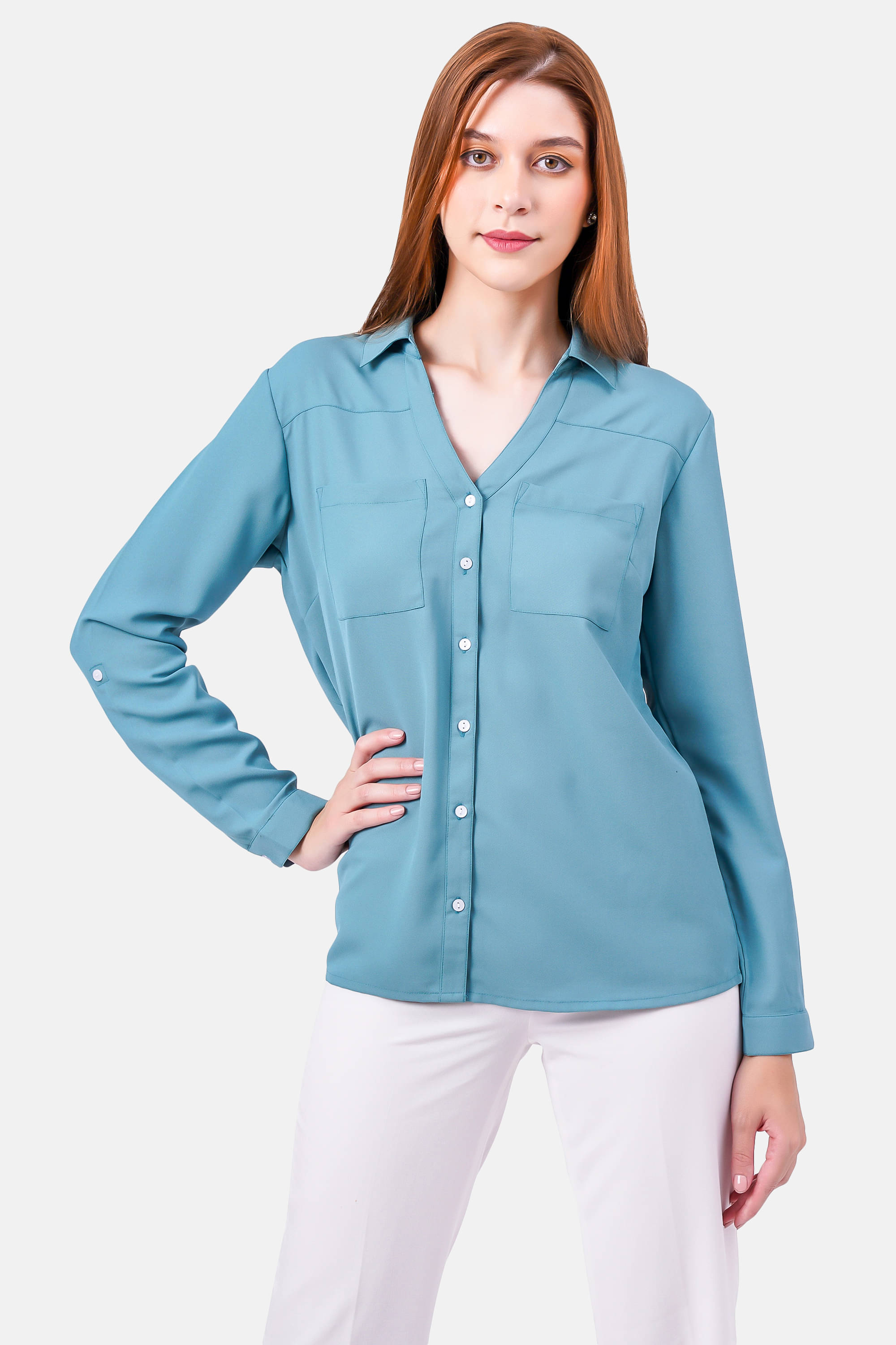     			NUEVOSDAMAS Women Solid Polyester Shirt ( Turquoise )