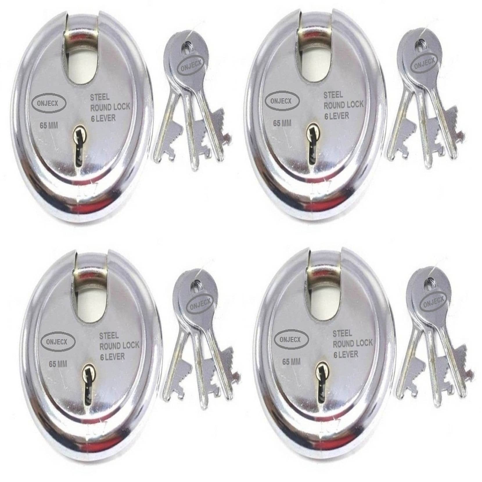 Onjecx Steel High Quality Primium Range Lock 6 Levers 65 mm Heavy Duty Padlock , Sutter Lock, Round Lock Long Life Durable with 3 Keys for Main Gate, Office Door, Shop Shutter, Pack of 4 pcs (RPL65)