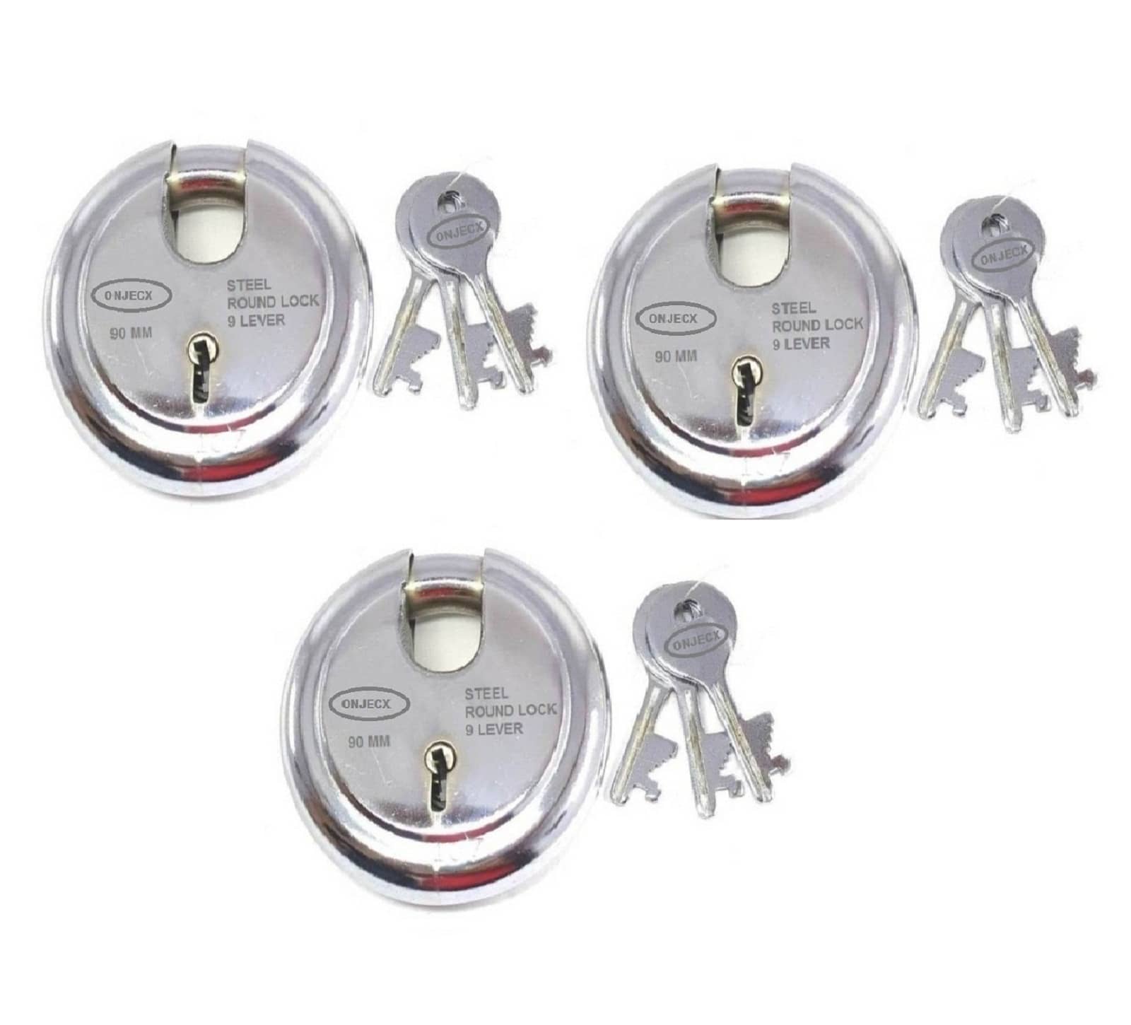 Onjecx Steel High Quality Primium Range Lock 9 Levers 90 mm Heavy Duty Padlock , Sutter Lock, Round Lock Long Life Durable with 3 Keys for Main Gate, Office Door, Shop Shutter, Pack of 3 pcs (RPL90)